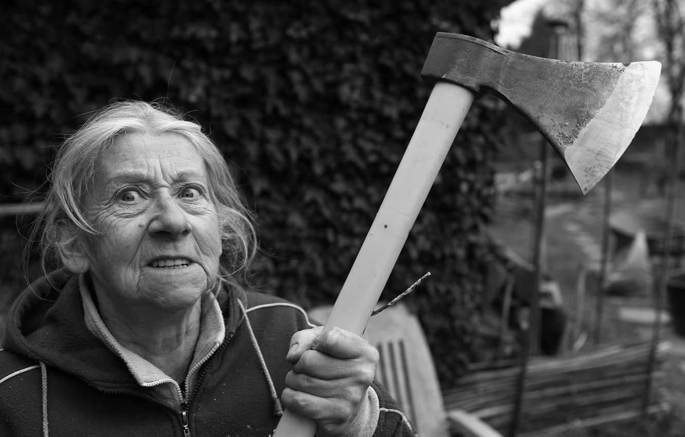 Wallpaper axe, woman, angry, grandmother image for desktop