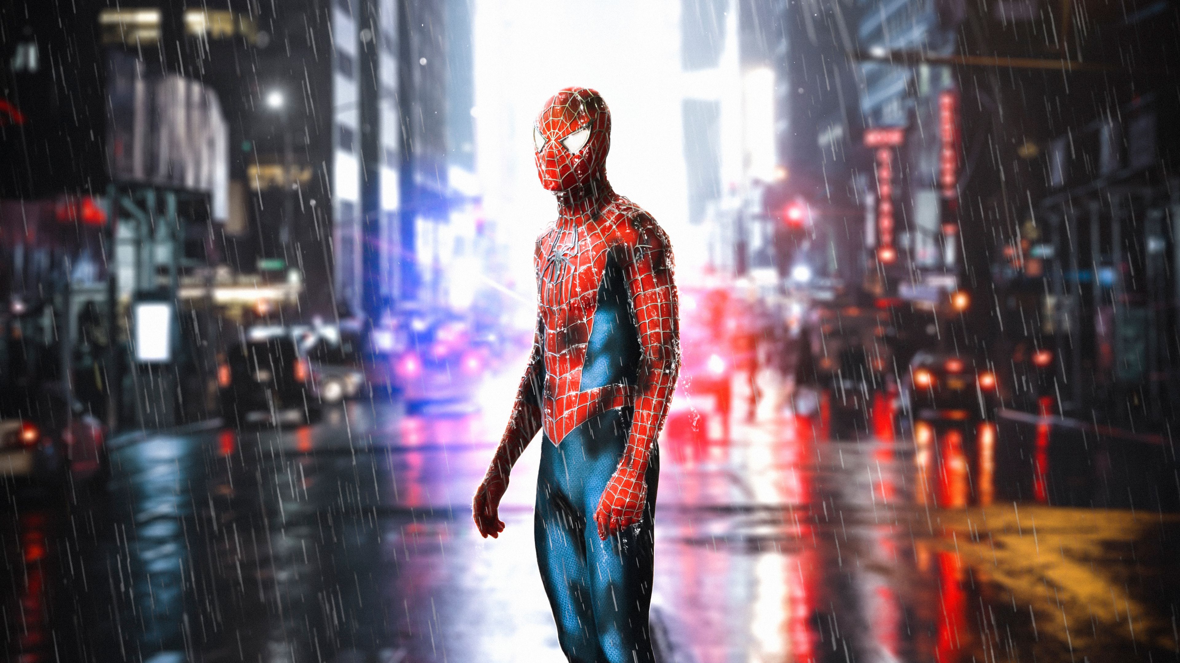 Wallpaper 4k Spiderman Standing In Rain 4k 4k Wallpaper