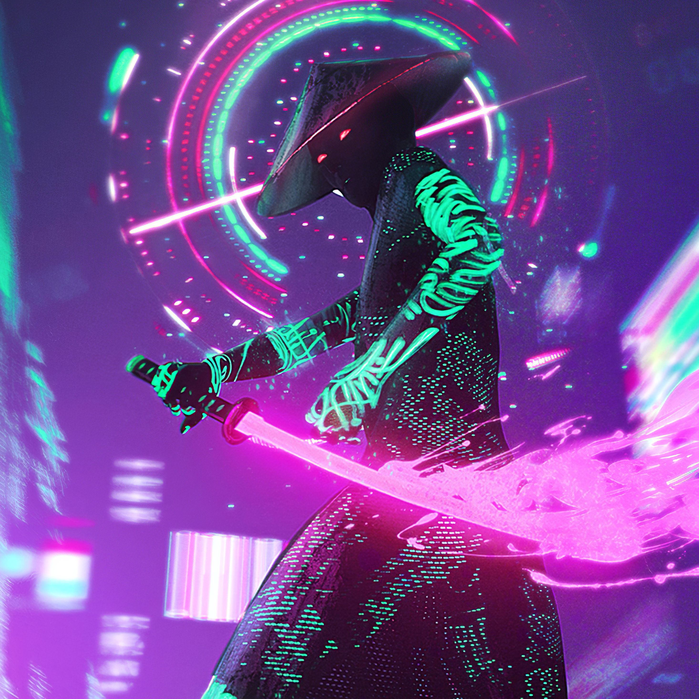 Neon Samurai Cyberpunk iPad Pro Retina Display Wallpaper