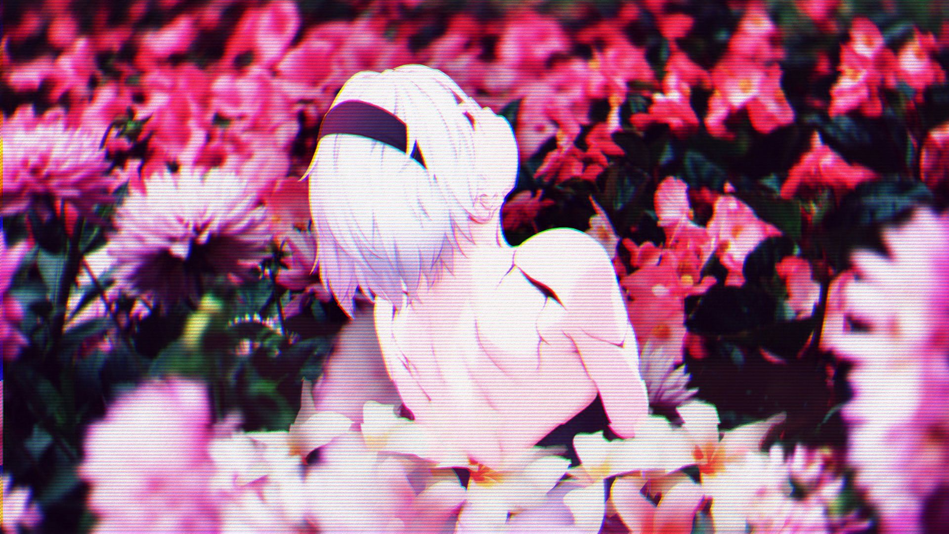 2B (Nier: Automata), white hair, short hair, glitch art, Nier