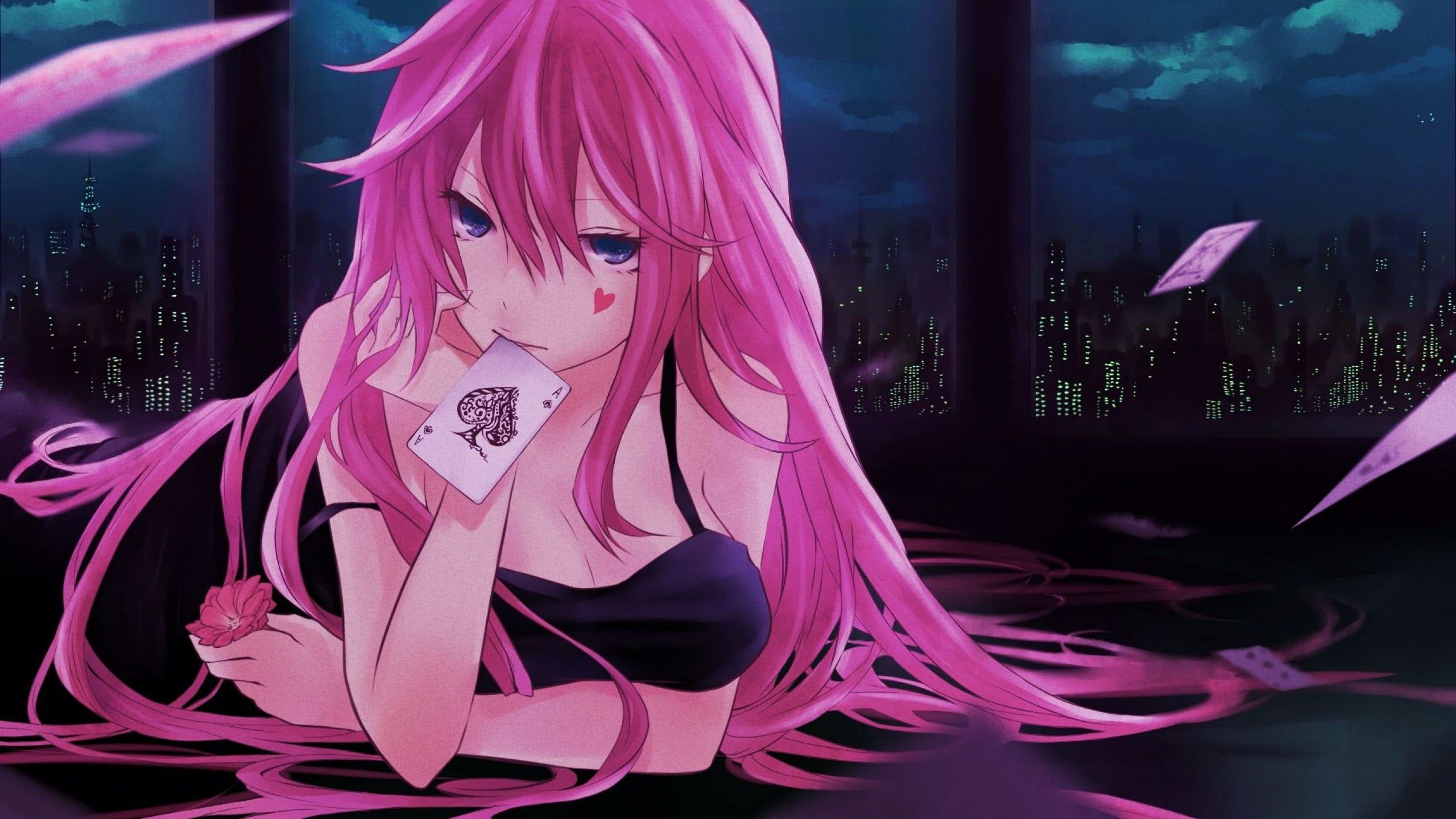 Female anime eating spade of card, anime, Vocaloid, pink hair