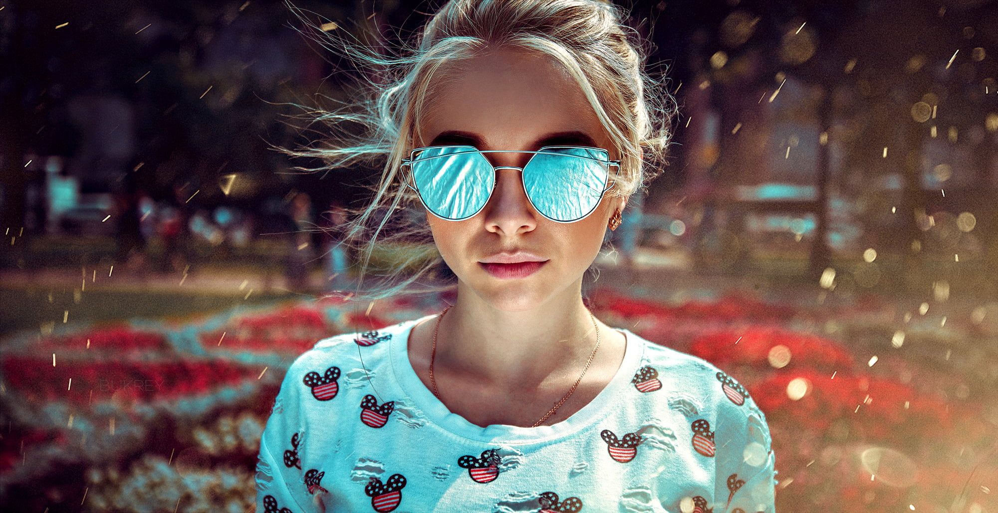 Woman Wears Sunglasses And Teal Crew Neck Shirt HD Wallpaper