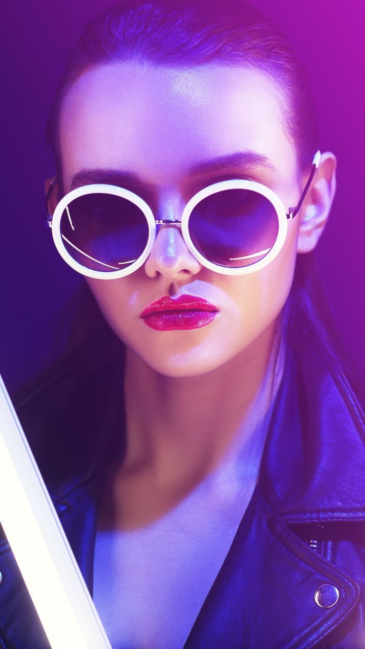 Sunglasses, woman model, neon lights, 720x1280 wallpaper