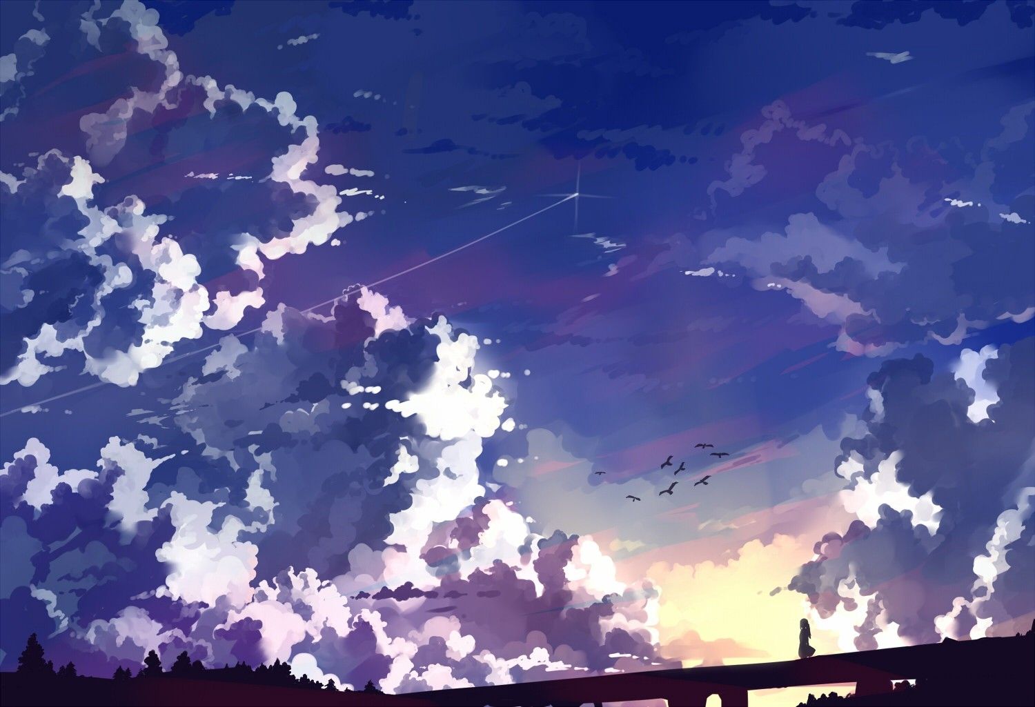 sunset clouds birds anime girls 1500x1025 wallpaper High Quality