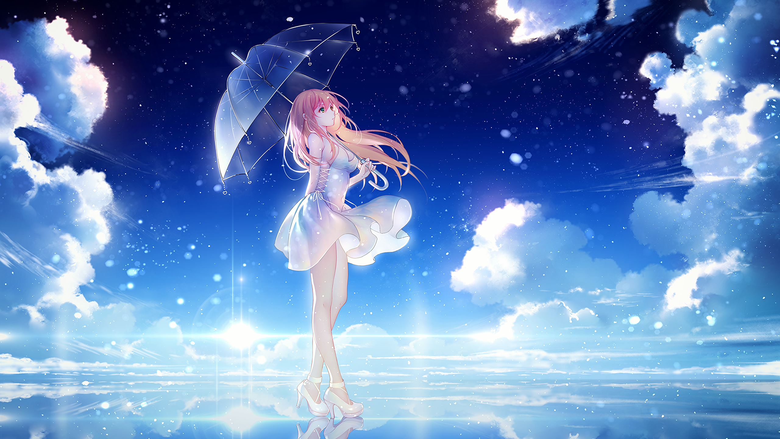 #umbrella, #green eyes, #anime girls, #anime, #clouds