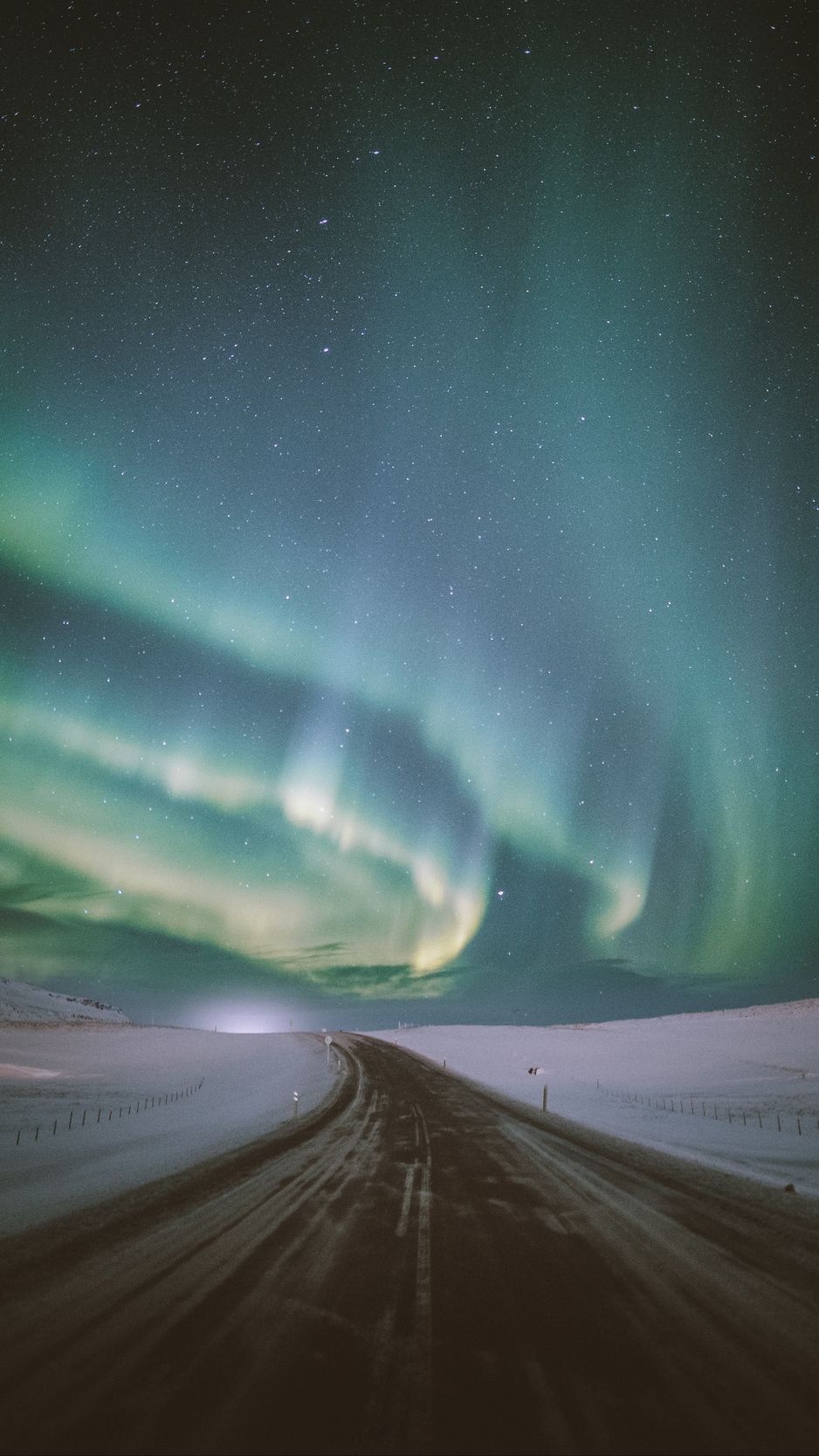Wallpaper Northern Lights, Aurora, Road, Snow, Starry