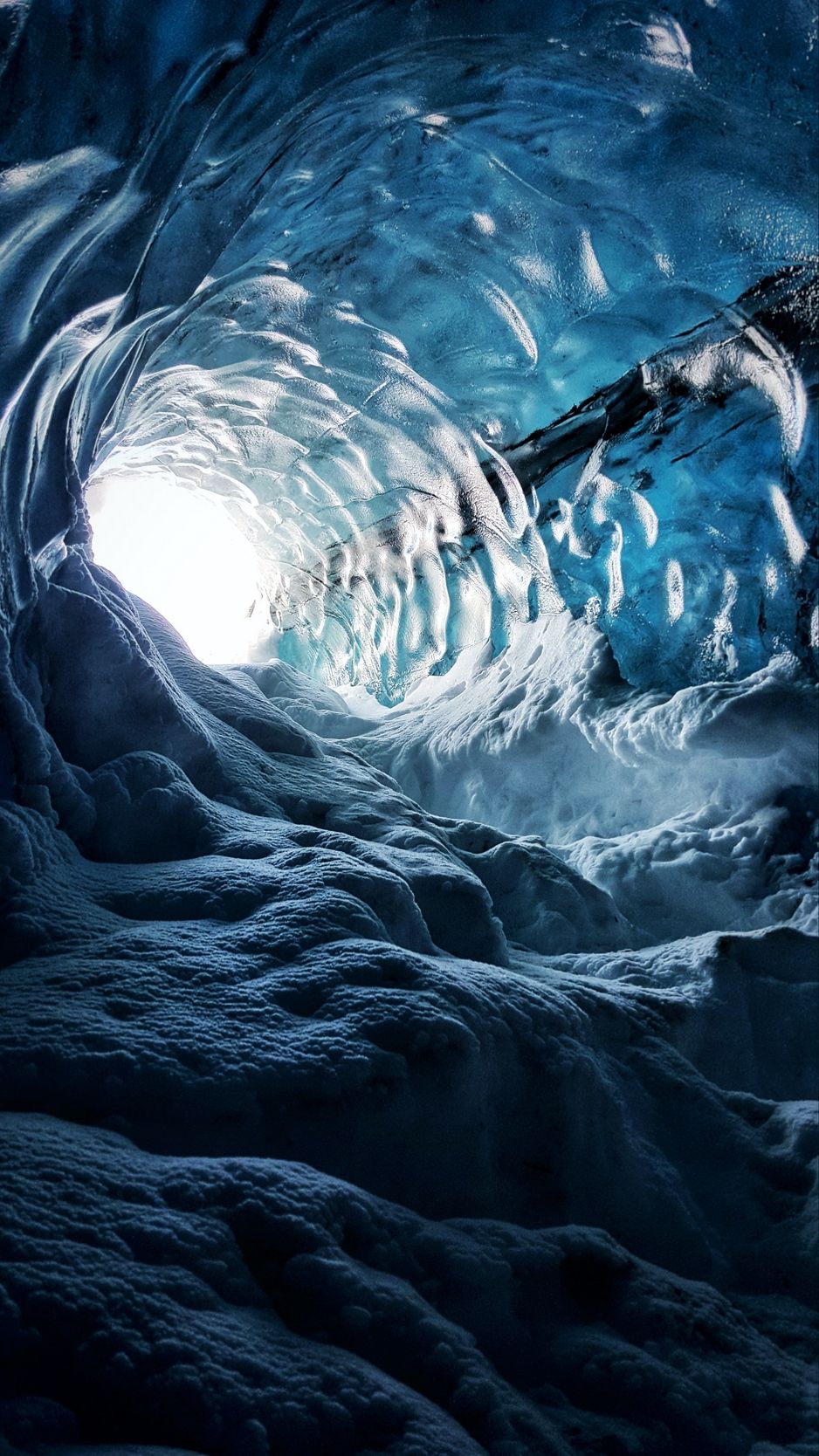 Download wallpapers 938x1668 cave, ice, snow, ice cave, iceland