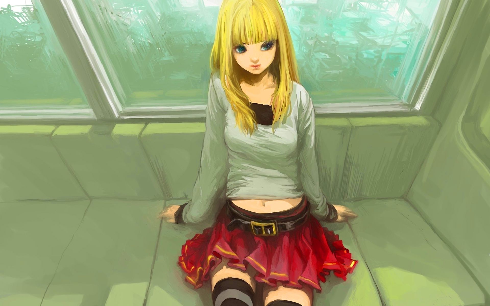 Blonde anime girl sitting wallpaperx1200