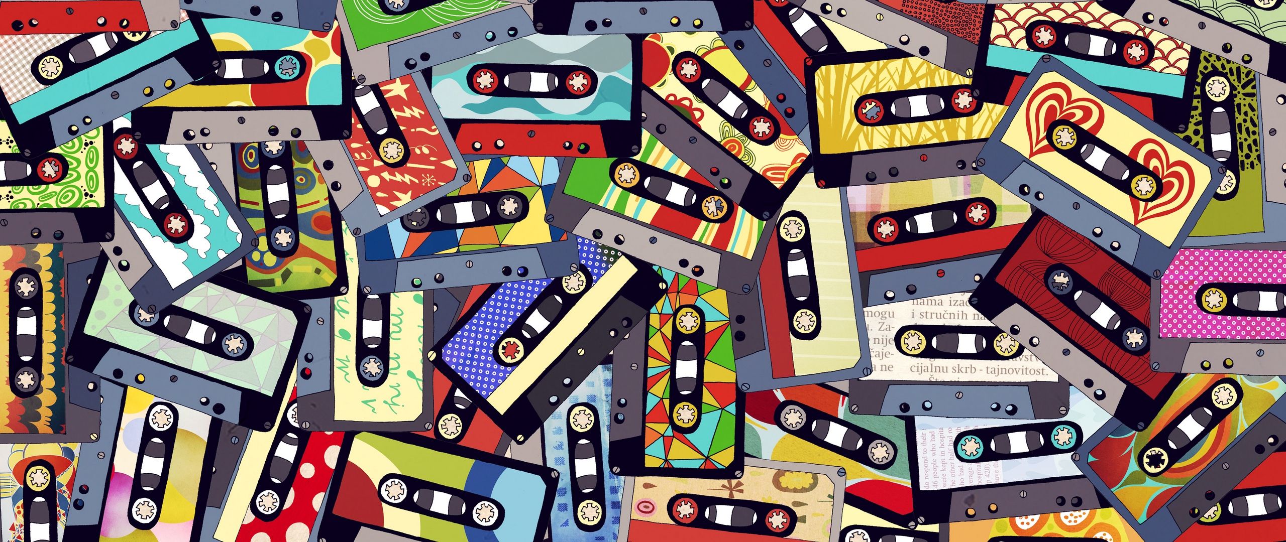 Download wallpaper 2560x1080 audio cassettes, collage, colorful