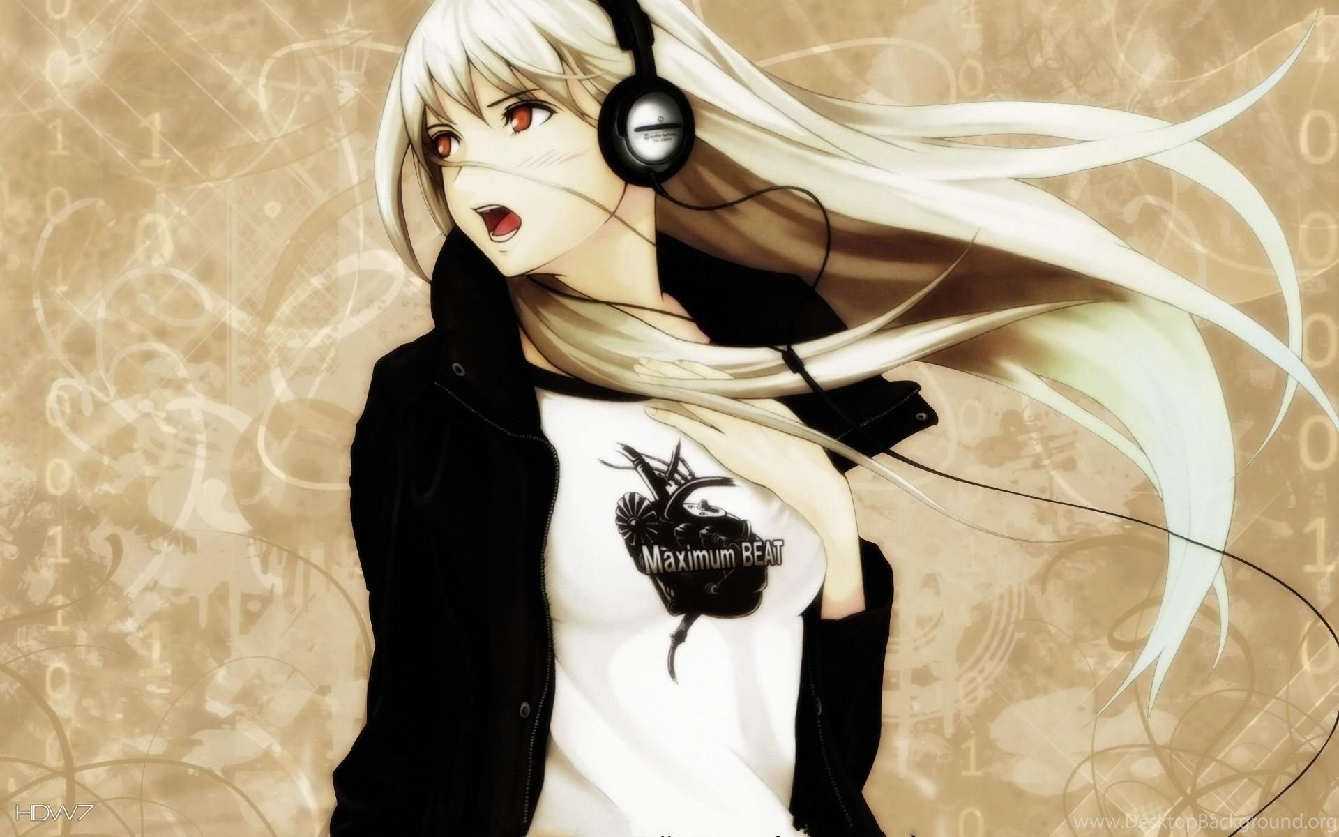 Blonde Anime Girl With Headphones Wallpaper Desktop Background