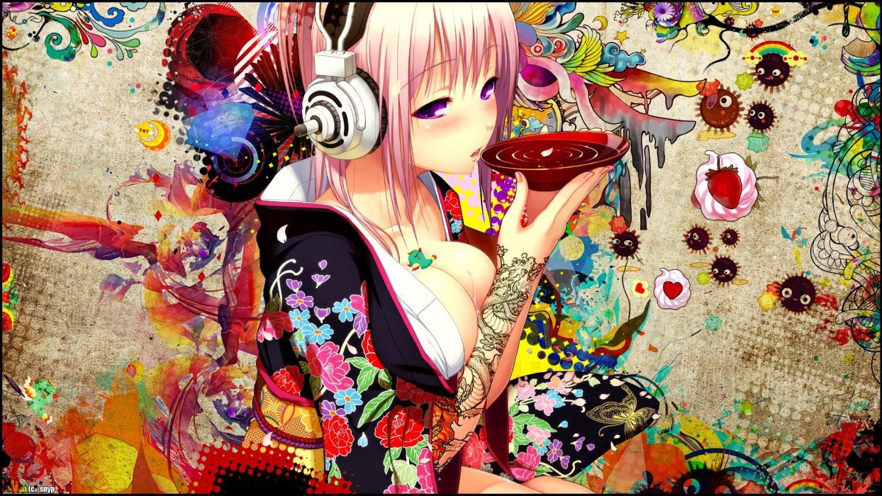 Anime girl blonde hair and purple eyes with tattoo and headphones