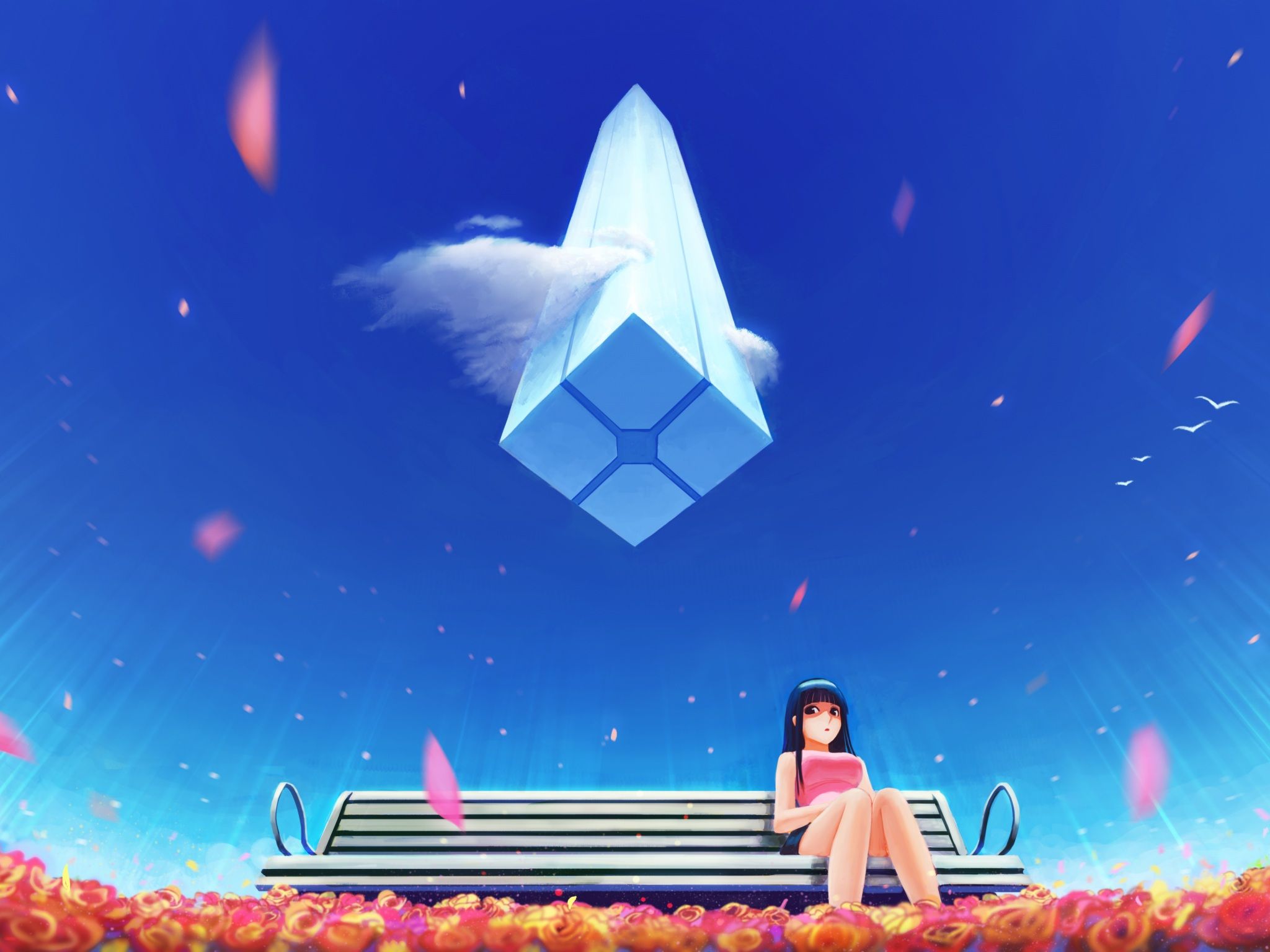Wallpaper 4k Anime Girl Alone Bench Blue Sky 4K Alone, Anime