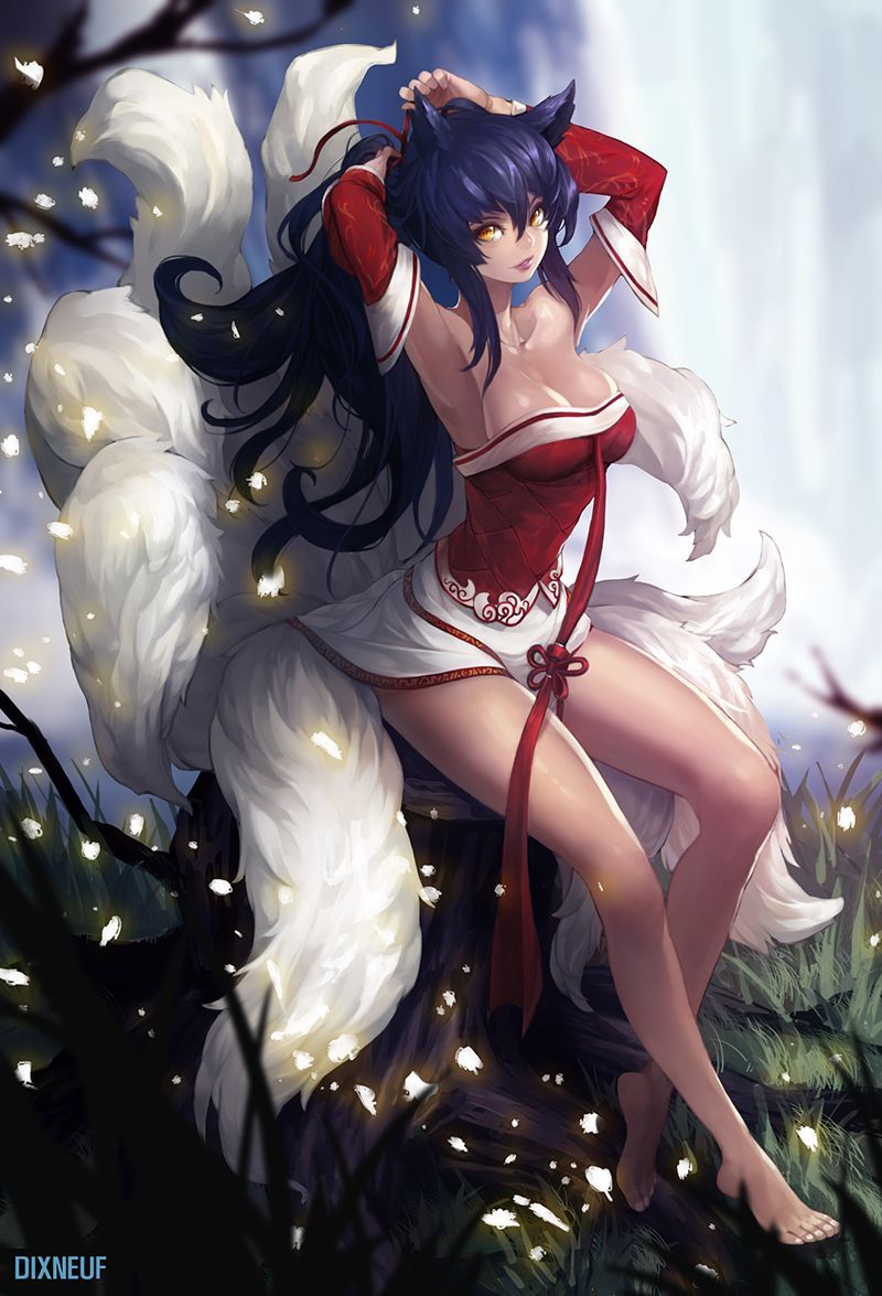 1girl ahri animal_ears armpits arms_up artist_name bare_shoulders