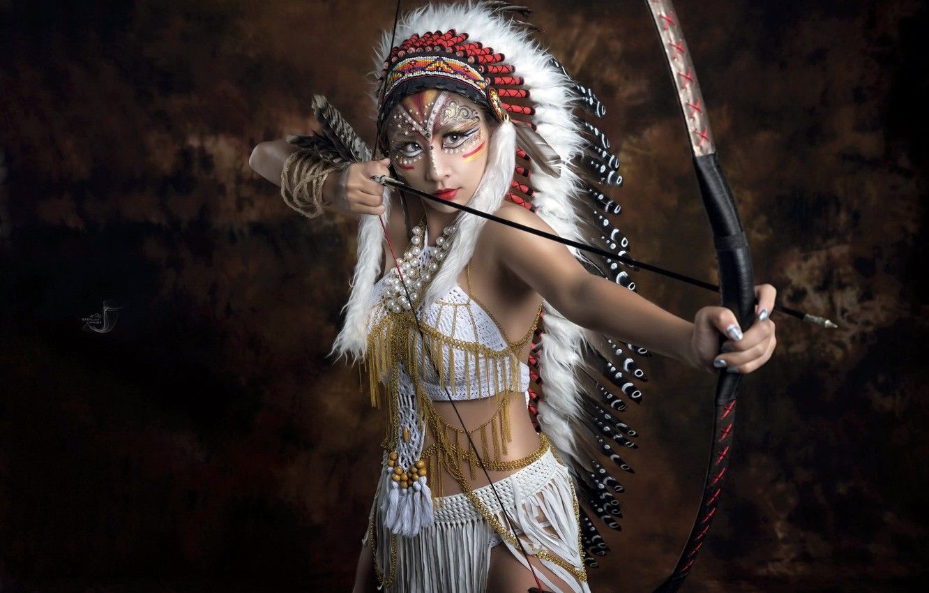 Wallpaper girl, weapon, cosplay, brunette, asian, bow, arrow, asiatic, Native American image for desktop, section стиль