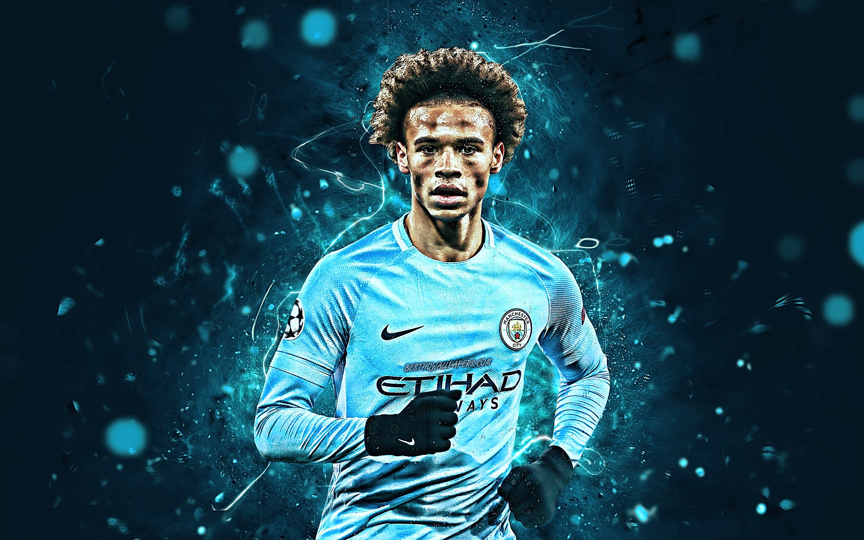 Download Wallpaper Leroy Sane, Close Up, German Footballers, Manchester City FC, Soccer, Sane, Abstract Art, Premier League, Midfielder, Man City, Footballers, Neon Lights For Desktop With Resolution 2880x1800. High Quality HD Picture Wallpaper
