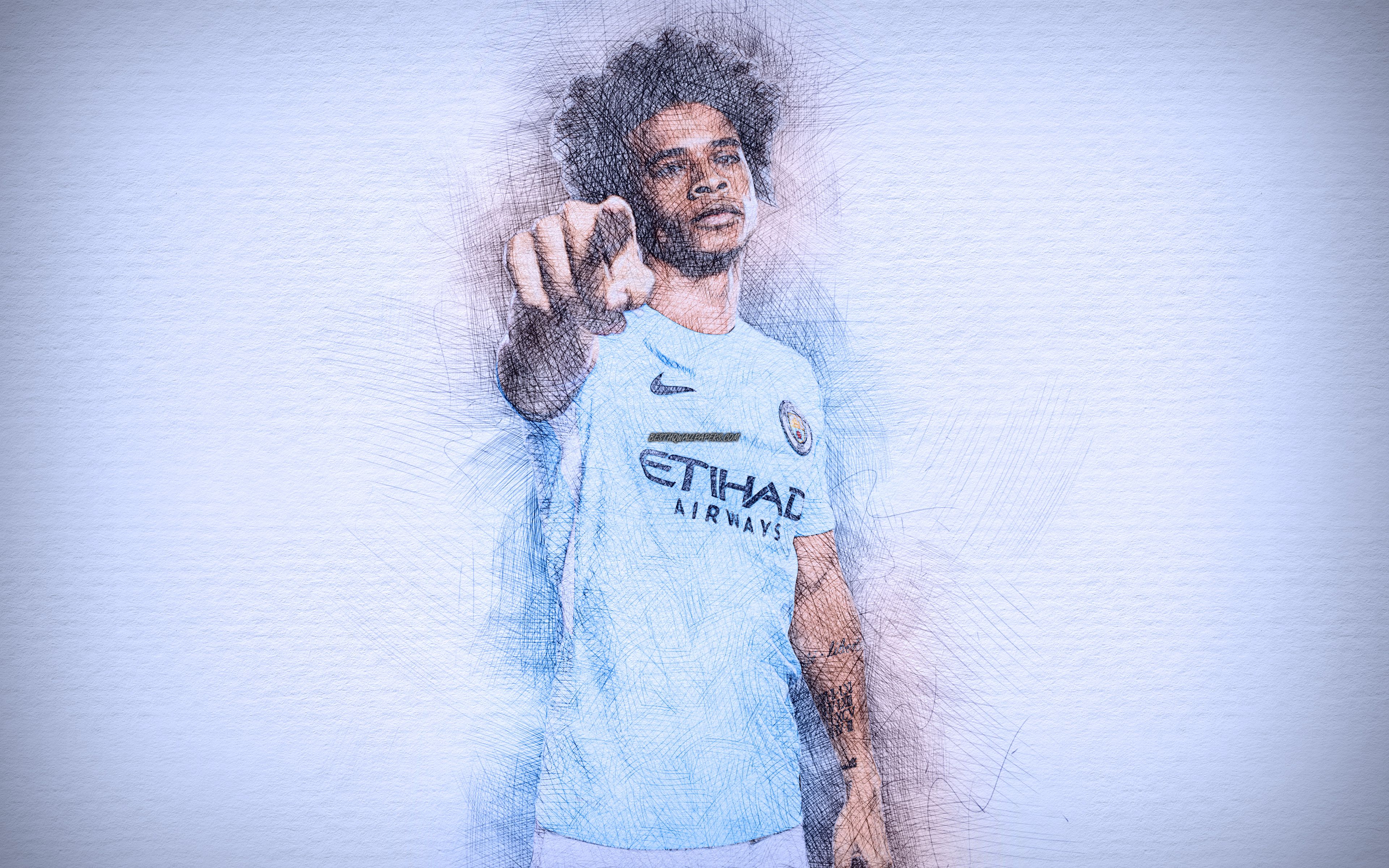 Download wallpaper Leroy Sane, 4k, artwork, football stars, Manchester City, Aguero, soccer, Premier League, Man City, footballers, drawing Sane, FC Manchester City for desktop with resolution 3840x2400. High Quality HD picture wallpaper