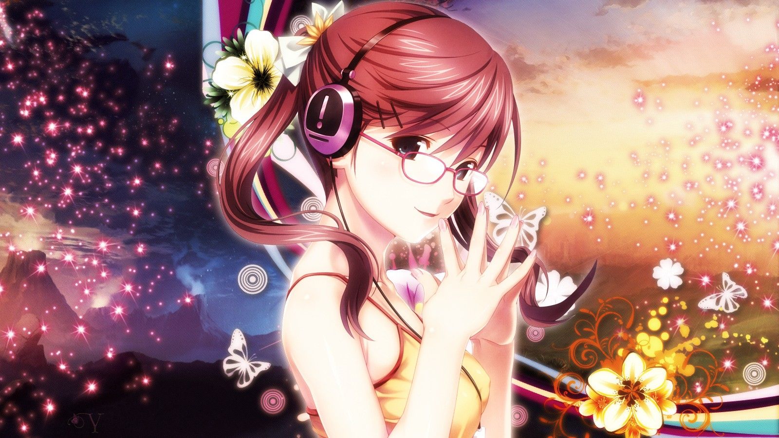 headphones, brunettes, flowers, glasses, headphones girl