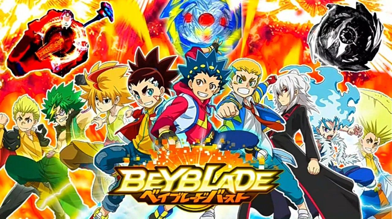 This poster shows 9 characters from the 4 seasons of Beyblade