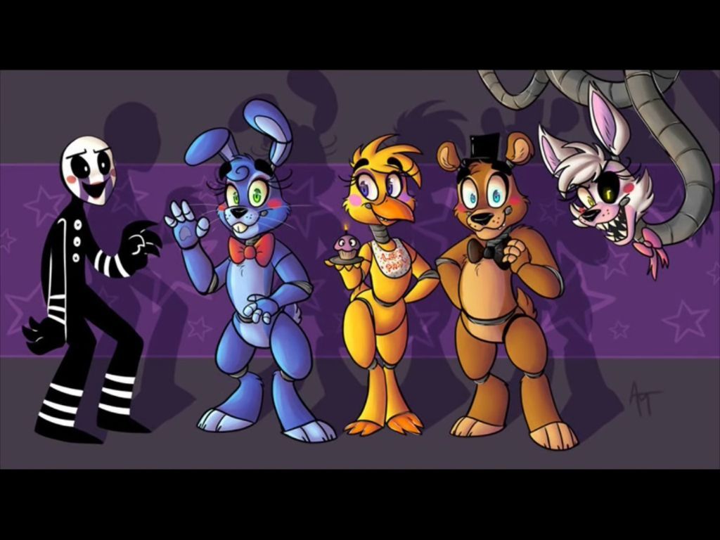 Puppet, toy Bonnie, toy Chica, toy Freddy, and mangle. Five