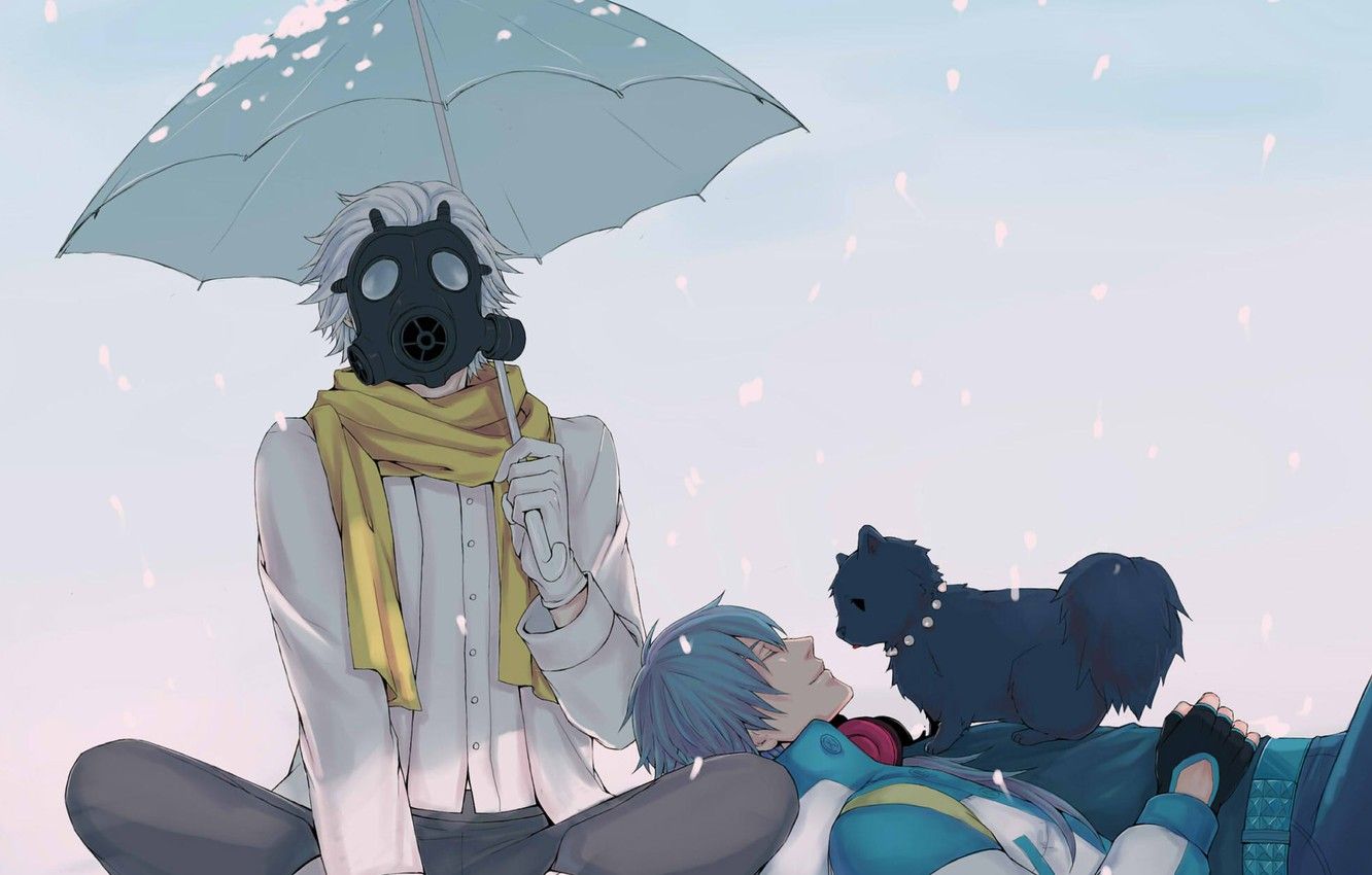Wallpaper snow, guys, umbrella, doggie, DRAMAtical Murder, scarf