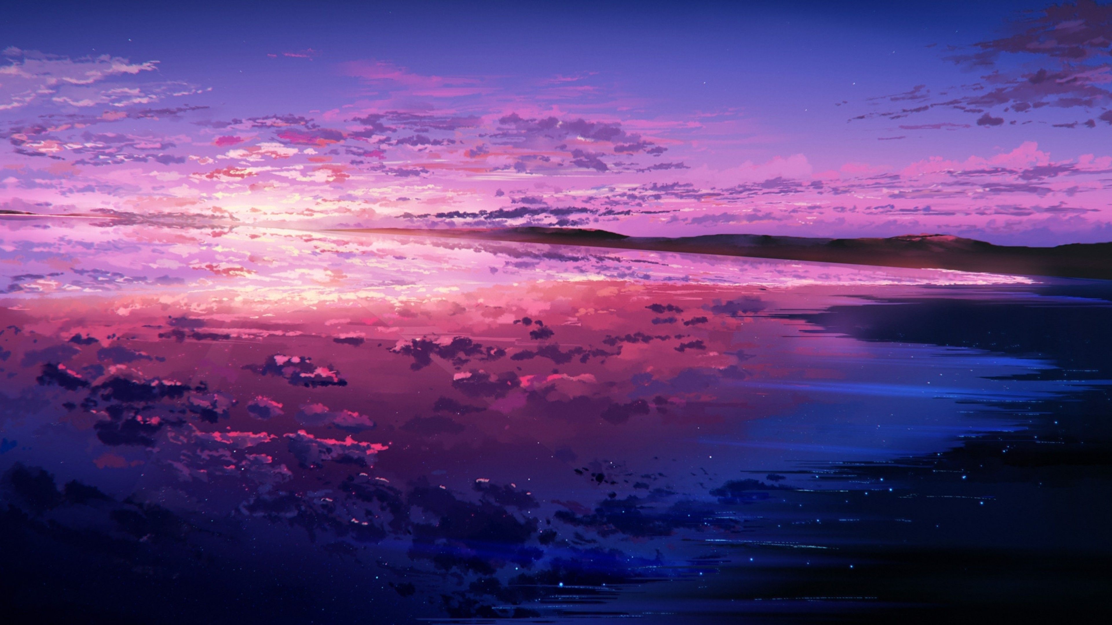 Download 3840x2160 Anime Landscape, Sunset, Scenery, Clouds, Sky
