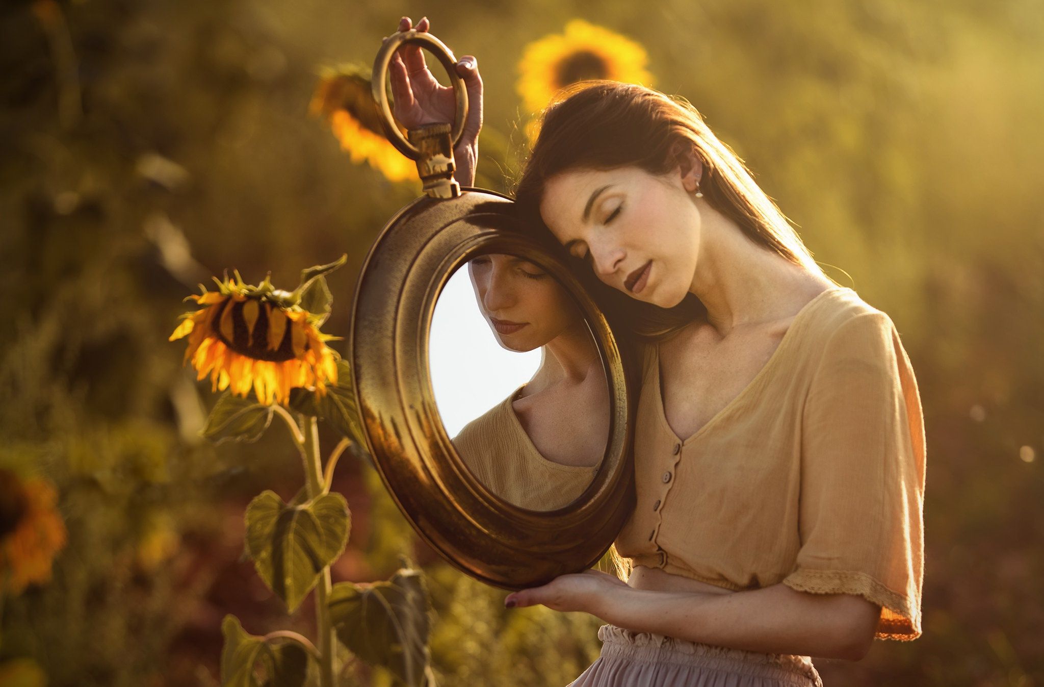Women Mood Girl Sunflower Mirror Woman Model Reflection Brunette