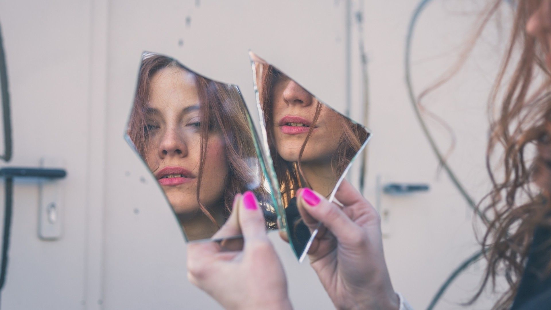 women, Face, Reflection, Mirror, Pink Nails Wallpaper HD