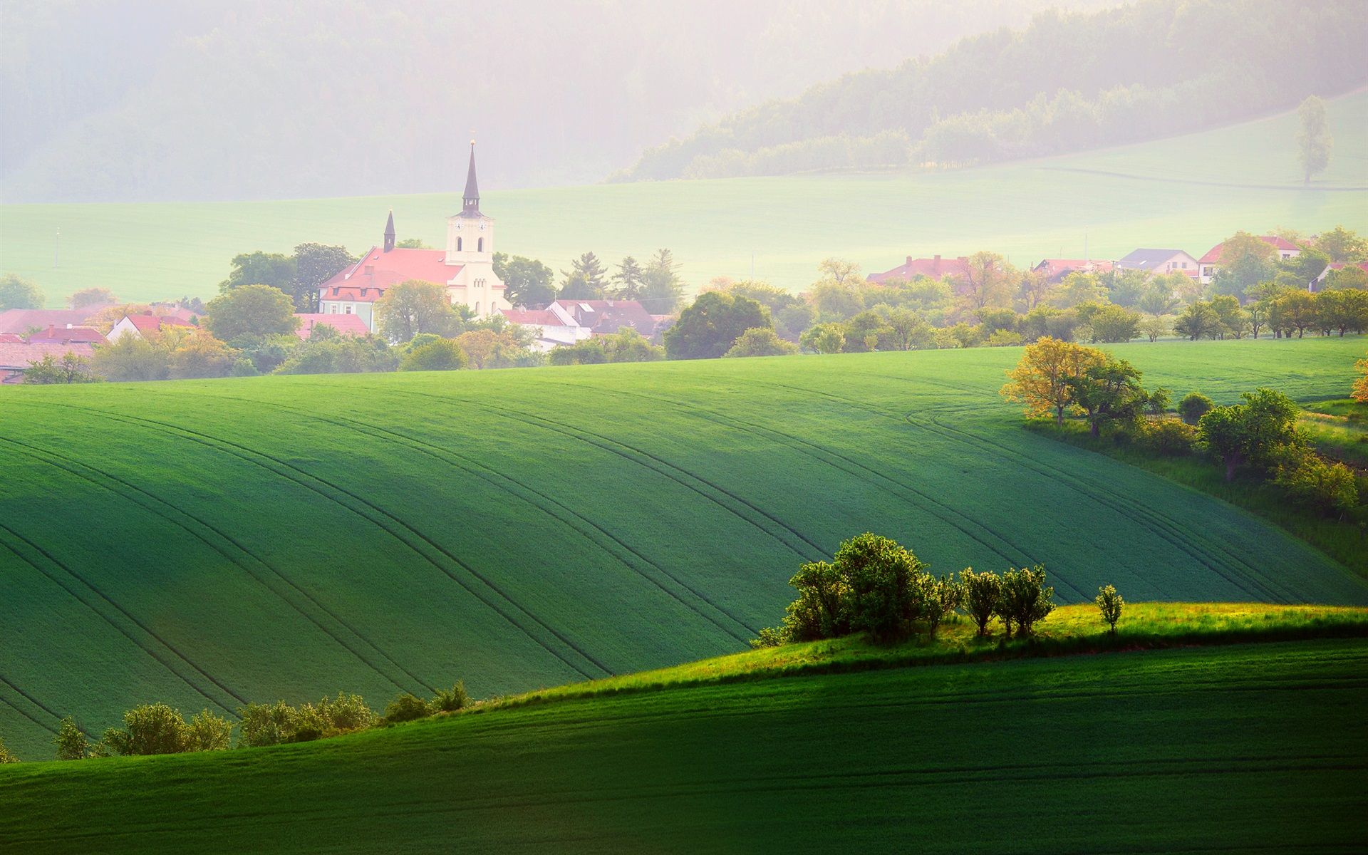 Wallpaper Moravia, fields, trees, spring, chapel, Czech Republic