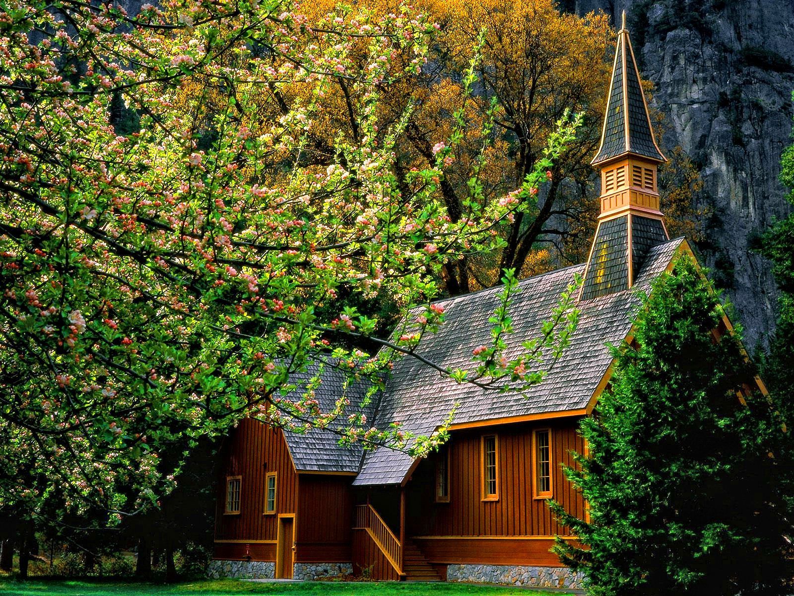 Mountain Forest Church in Springtime Wallpaper and Background
