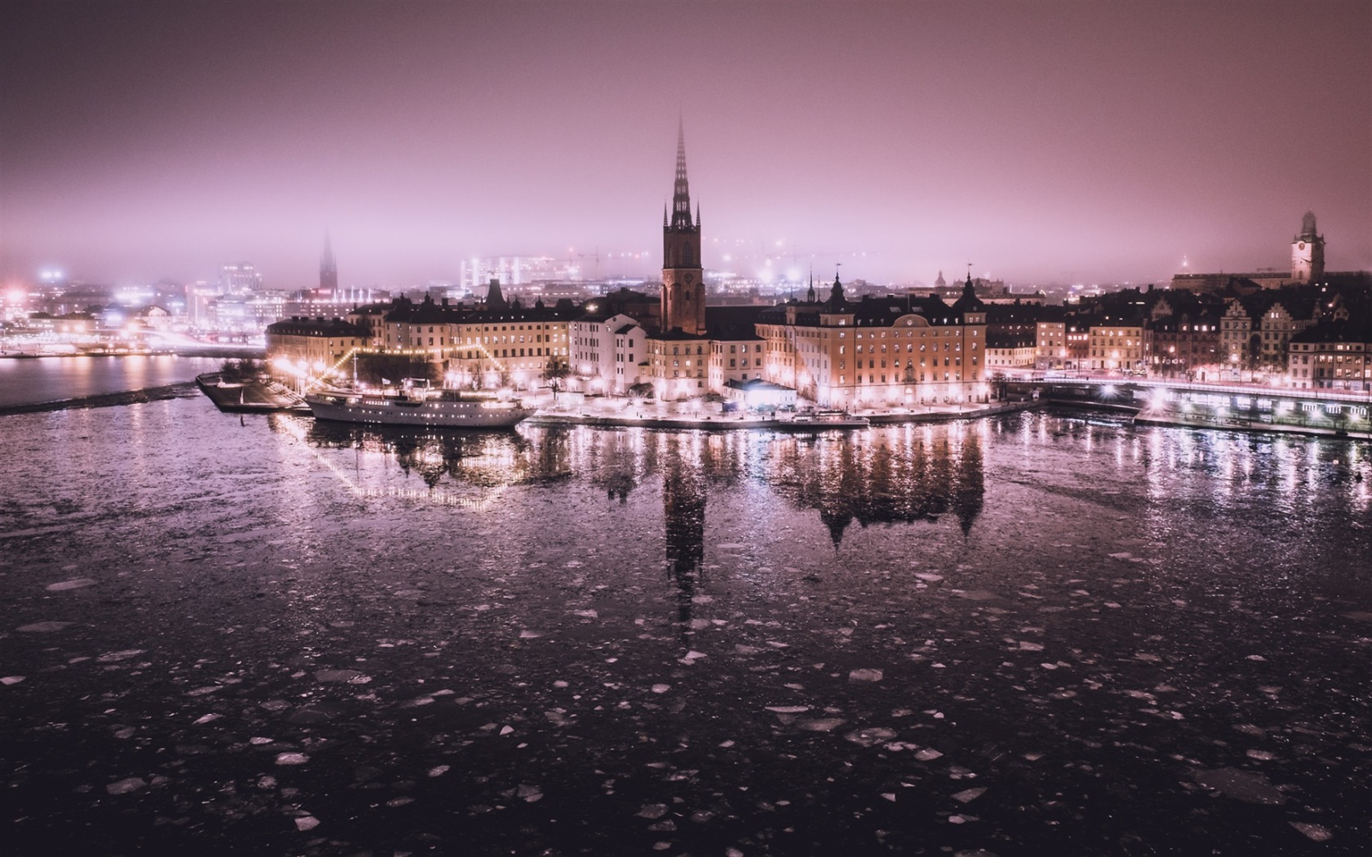 Download wallpaper Stockholm, Sweden, night, spring, fog, chapel