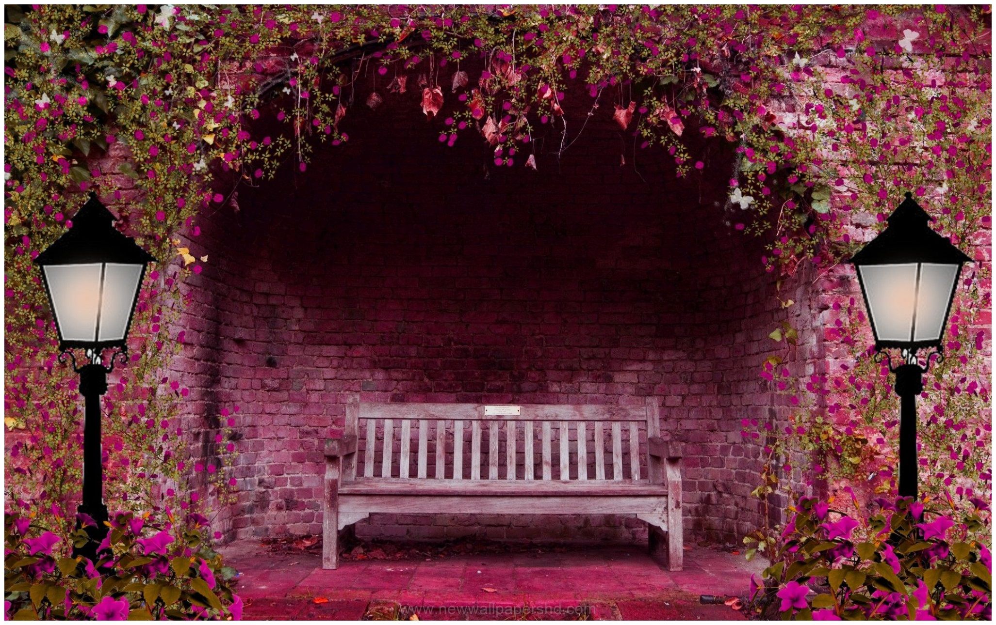 SPRING GARDEN PARK BENCH HD WALLPAPER. Night garden, Pink garden