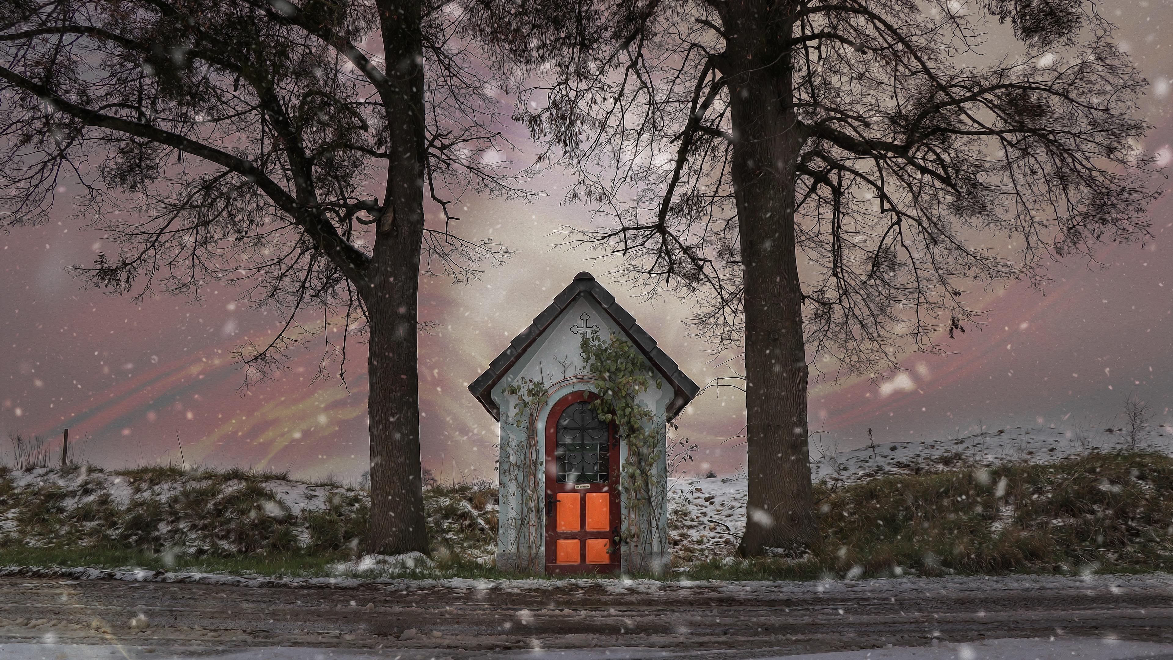 Tiny Chapel in Winter 4k Ultra HD Wallpaper. Background Image