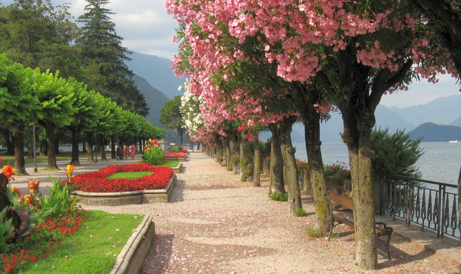 springtime, park, flowers, mountains, lake, beautiful, grass, Italy, trees, blossom wallpaper