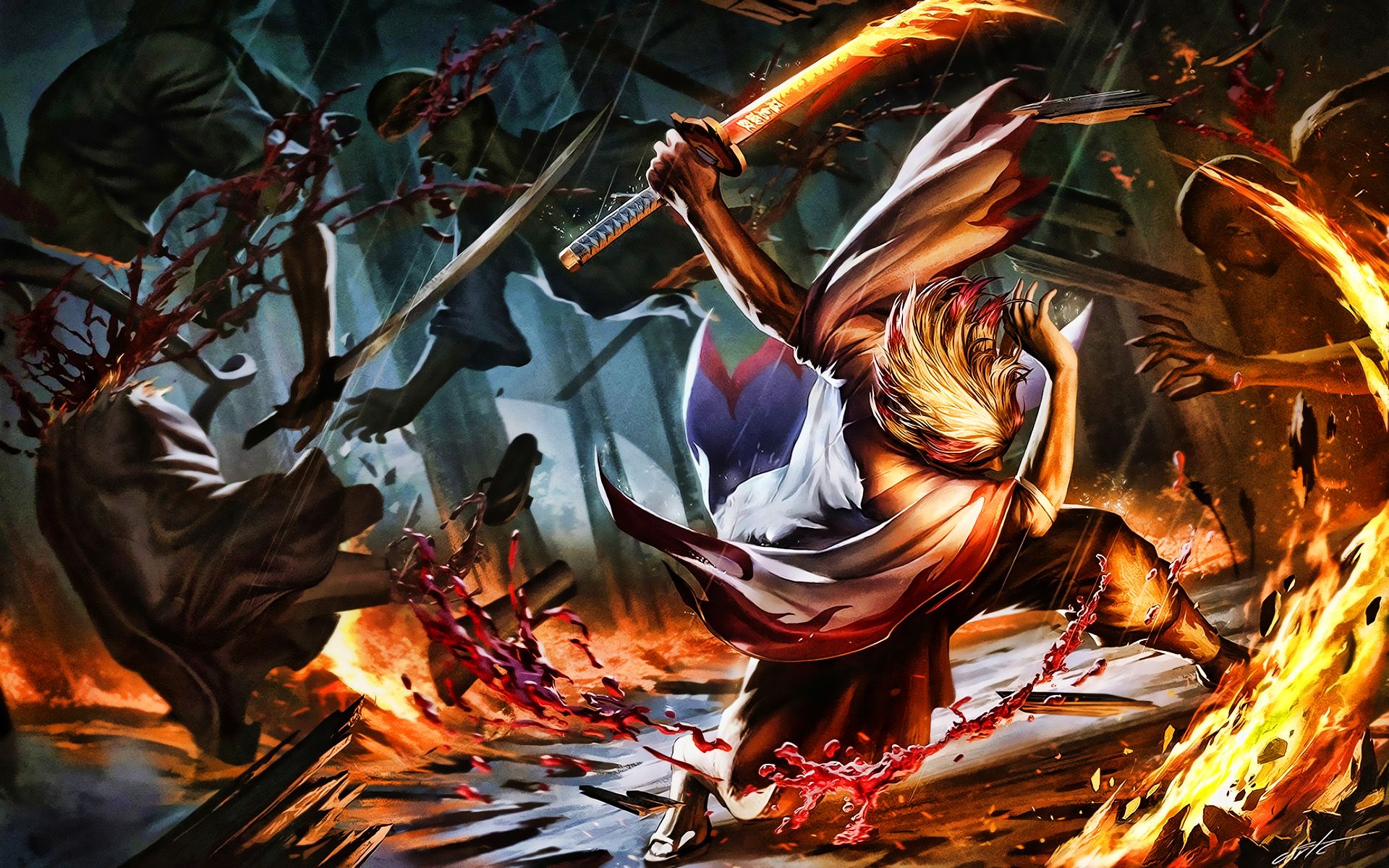 Download wallpaper Kyojuro Rengoku, battle, Demon Hunter, Kimetsu