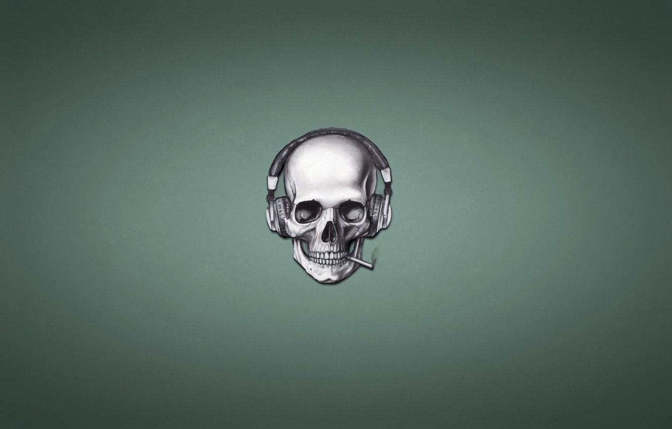 Wallpaper cigarette, skeleton, headphones, smoke, skull image