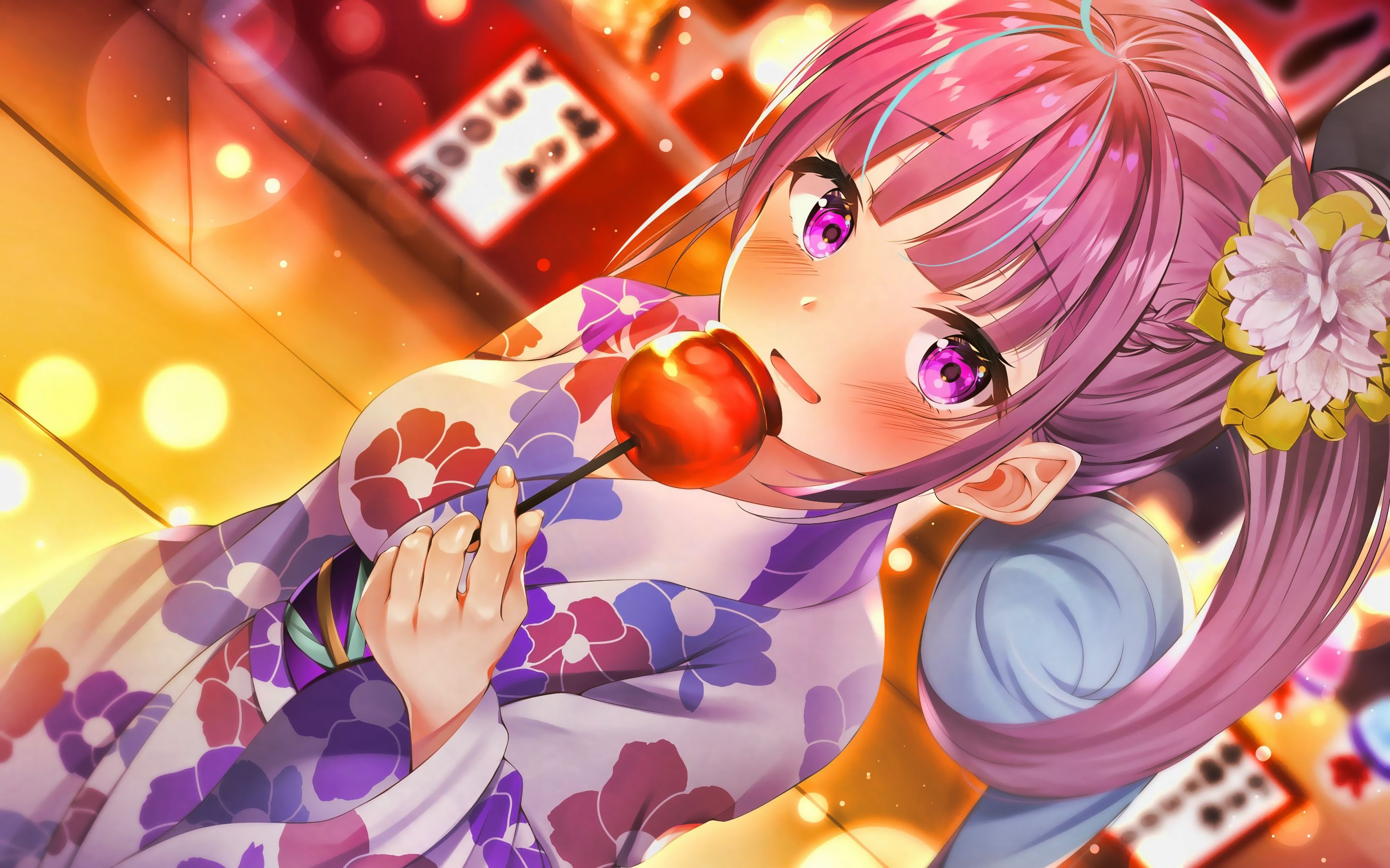 Download wallpapers Minato Aqua, girl with pink hair, kimono.