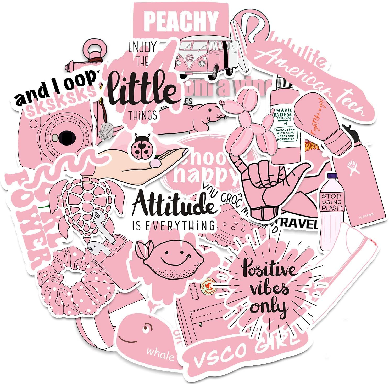 Vsco Pink Stickers 50 Pack, Cute Trendy Vinyl Sticker