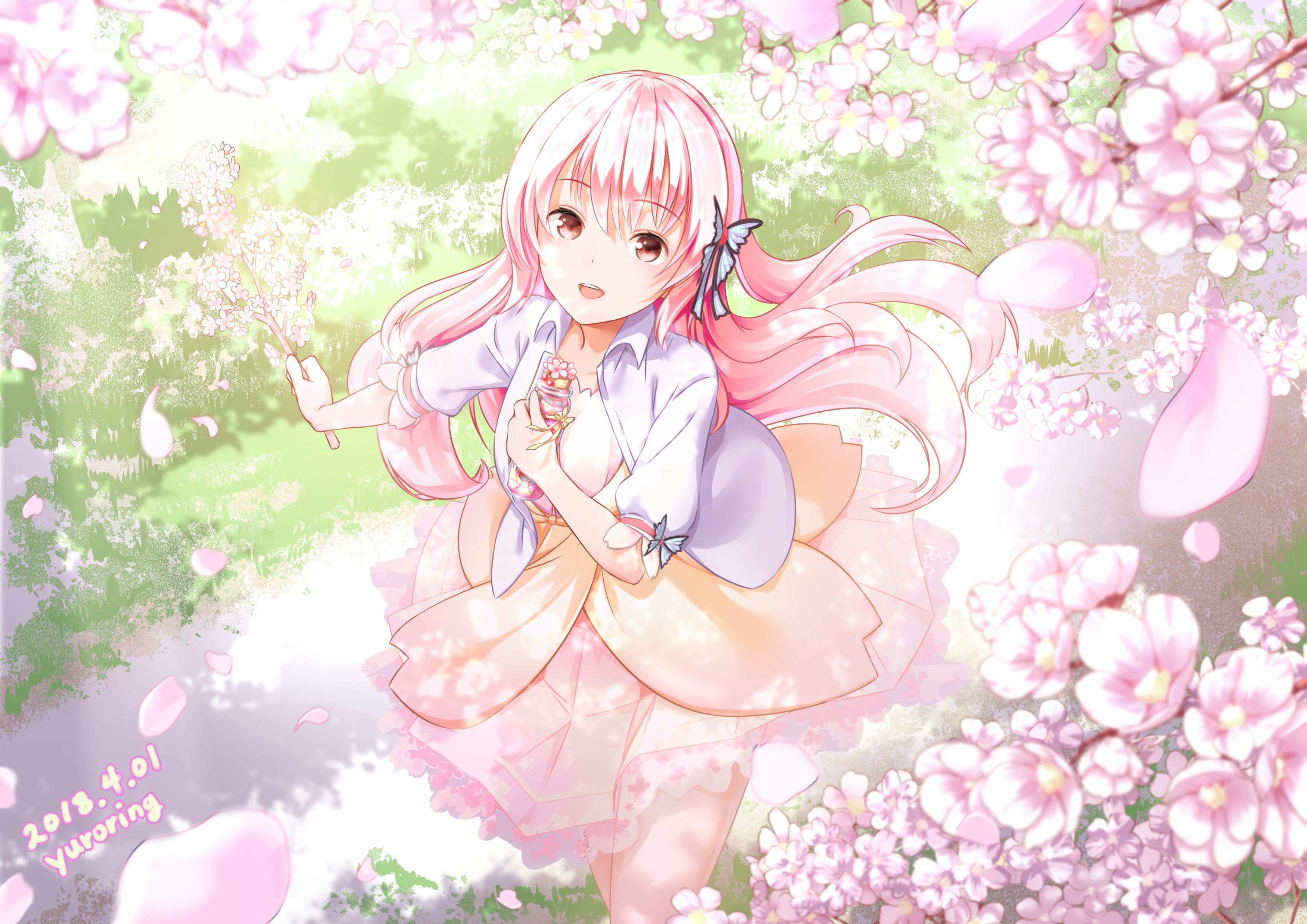 Download Kawaii Anime Girl In Pink With Flowers Wallpaper