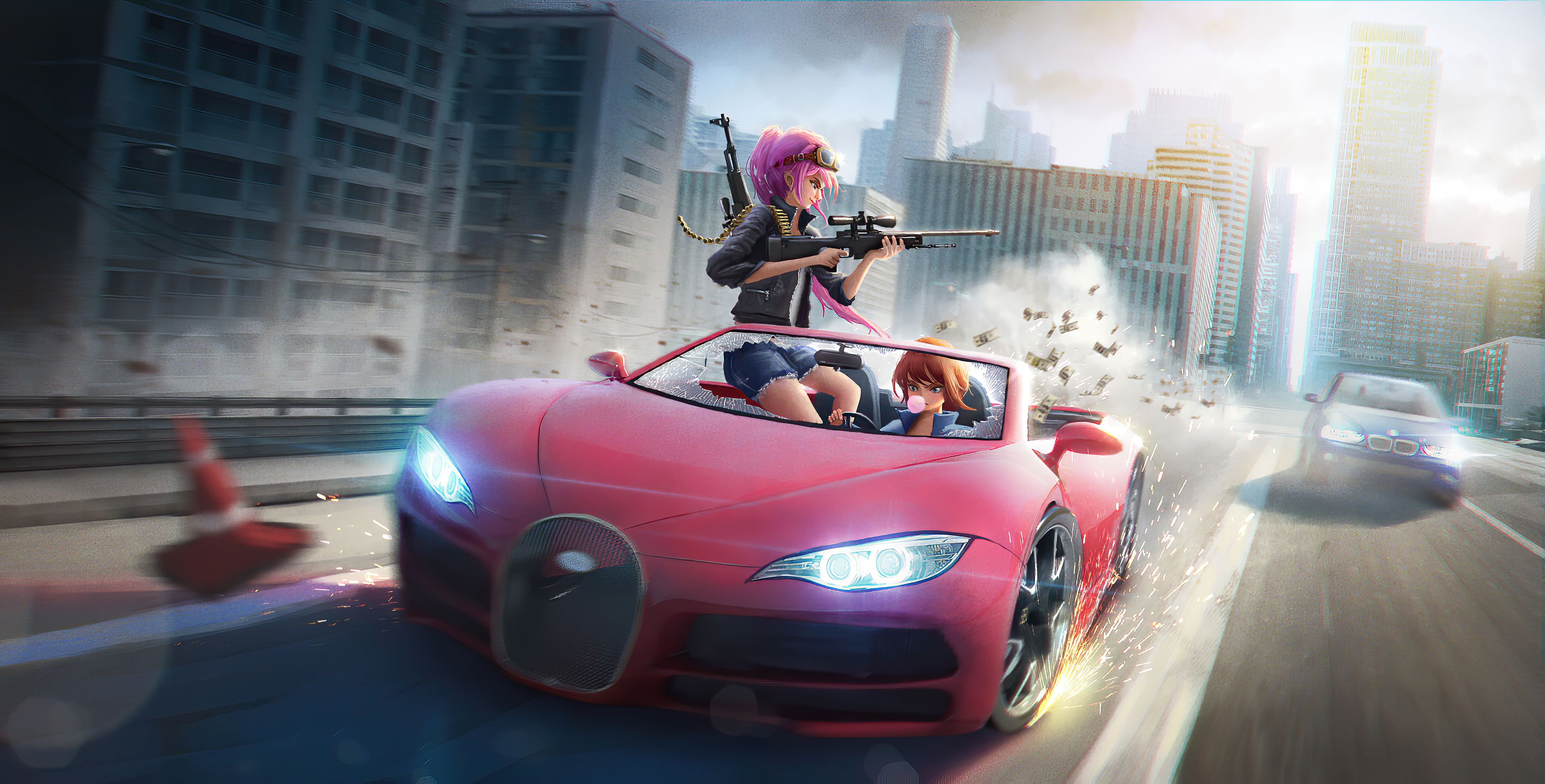 Anime Girls Car Chase 4k, HD Anime, 4k Wallpaper, Image