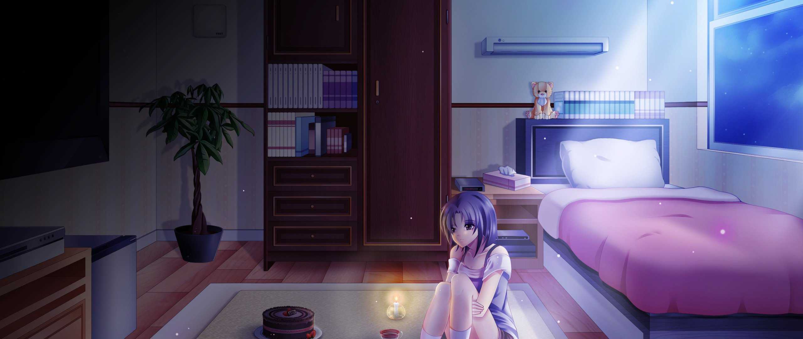 Anime Girl Alone in Room on Her Birthday HD Wallpaper (2560x1080)