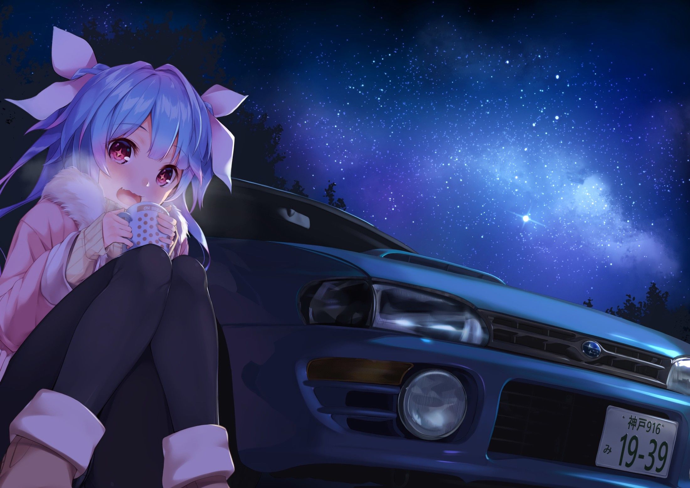 blue hair, Long hair, Red eyes, Anime, Anime girls, Kantai Collection, I 19 (KanColle), Drink, Sky, Stars, Twintails, Car HD Wallpaper / Desktop and Mobile Image & Photo