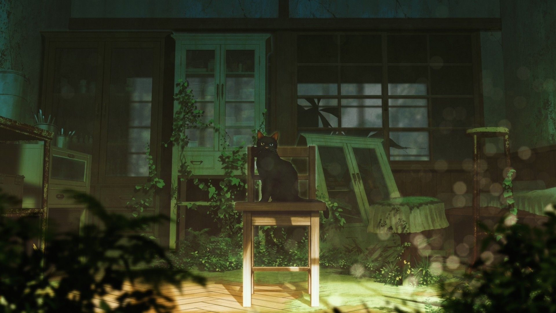 Download 1920x1080 Anime Room, Ruins, Cat, Scenic, Neko, Chair