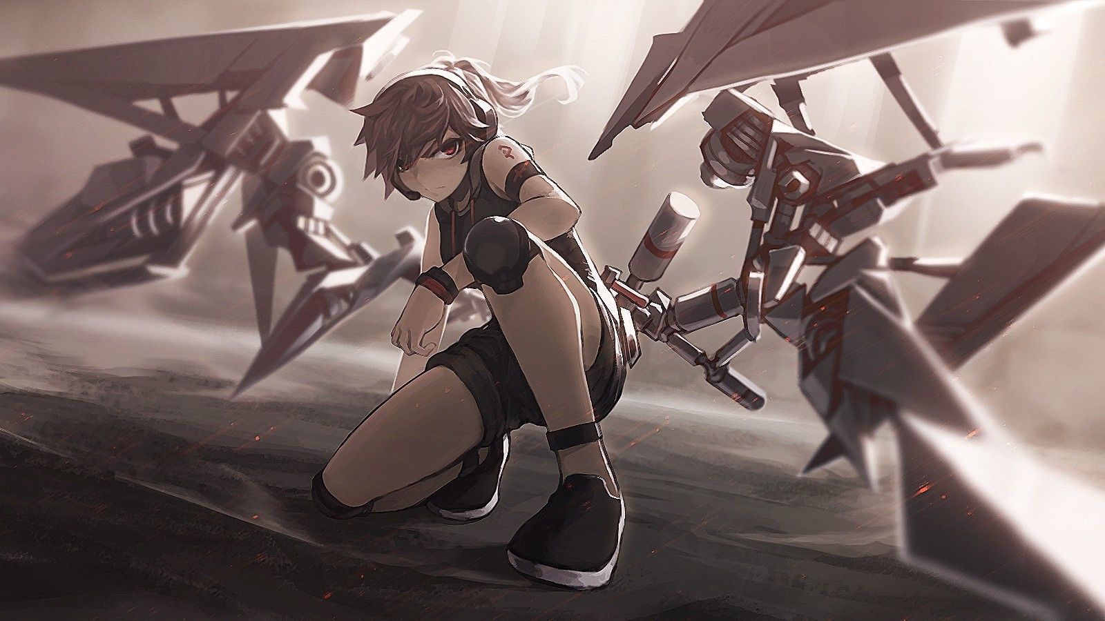 Download 1600x900 Anime Girl, Robots, Battle, Artwork Wallpaper