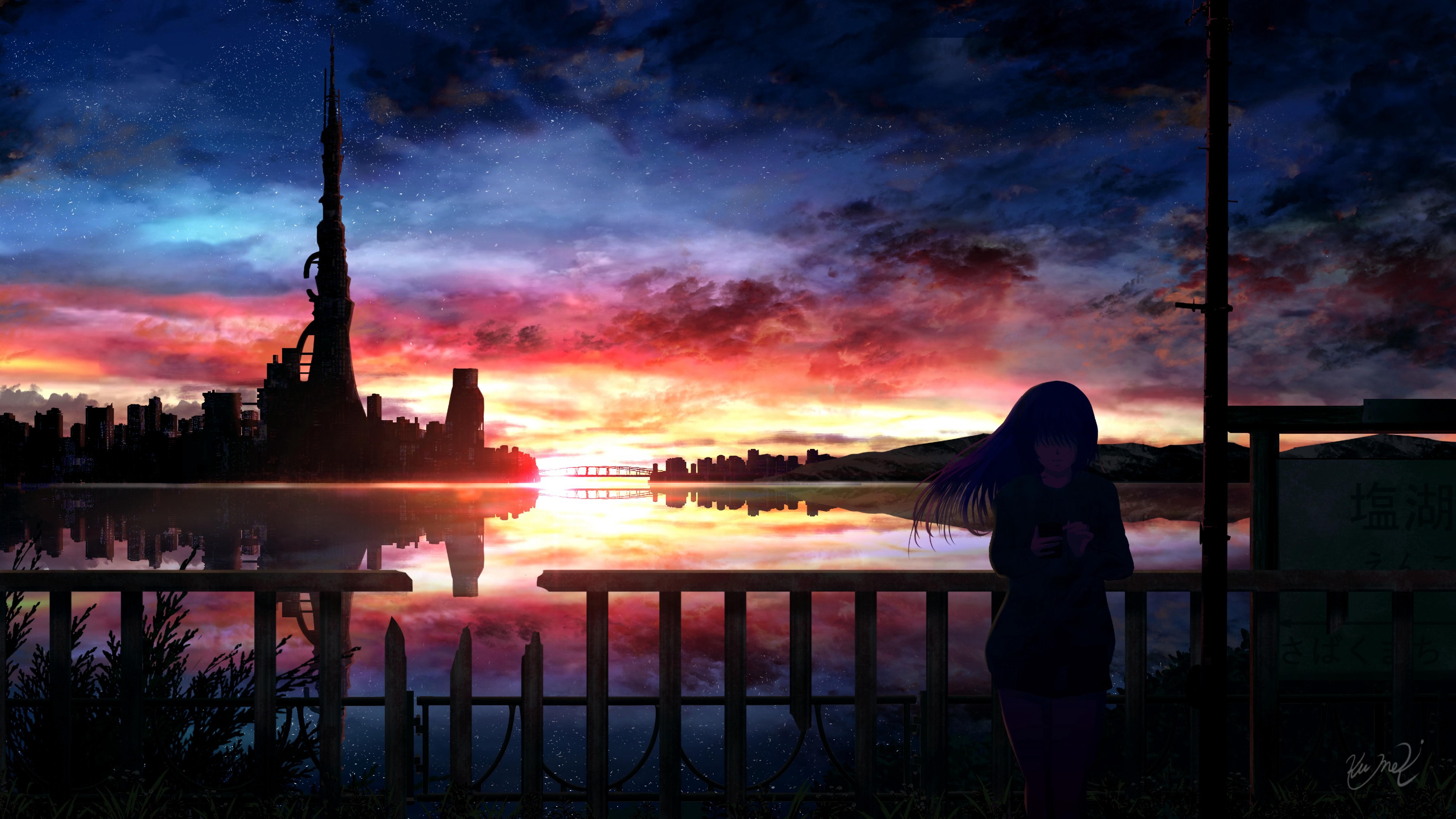 wallpaper silhouette, night, starry sky, girl, anime HD