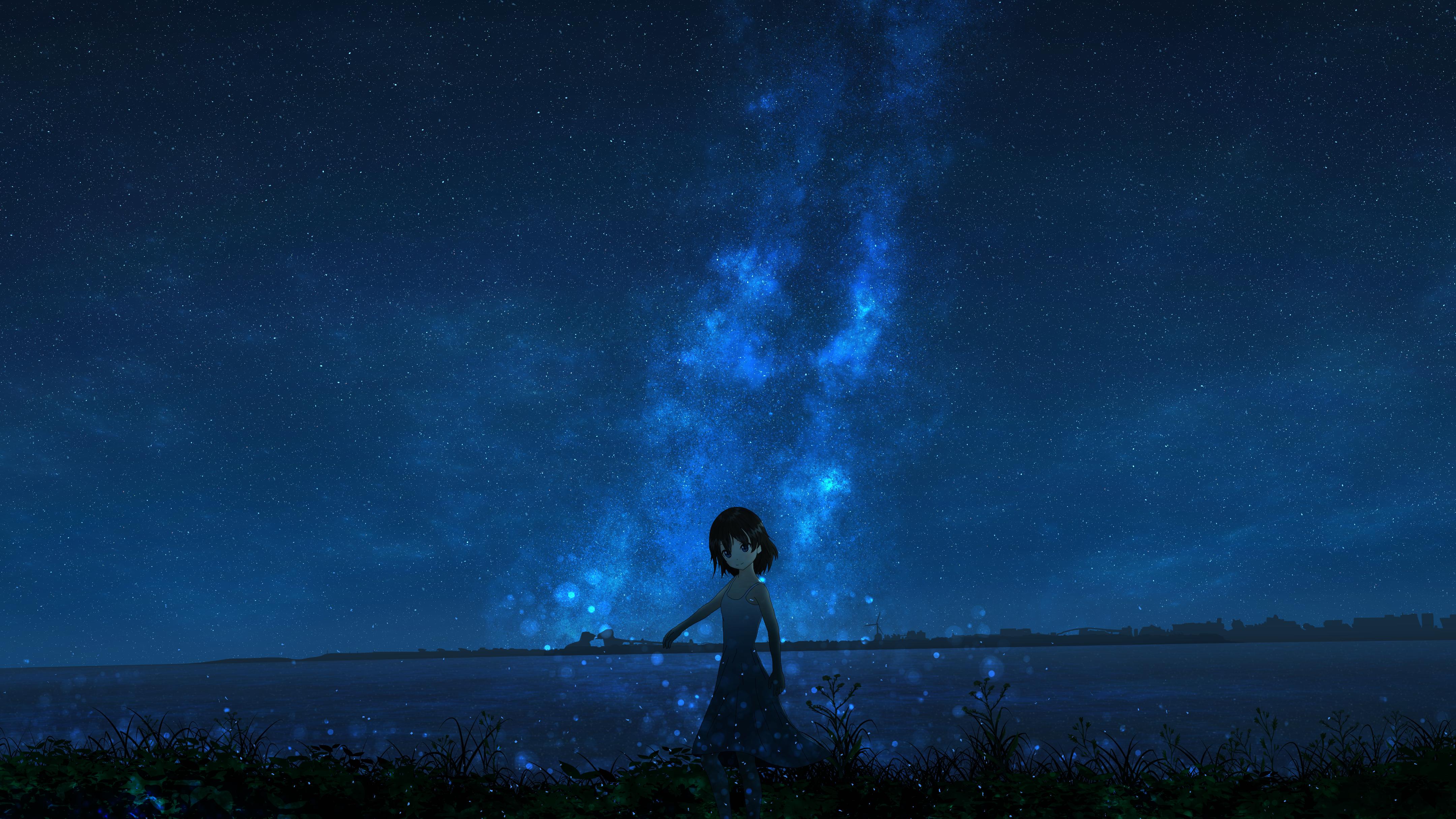 wallpaper girl, night, starry sky, anime HD, Widescreen, High