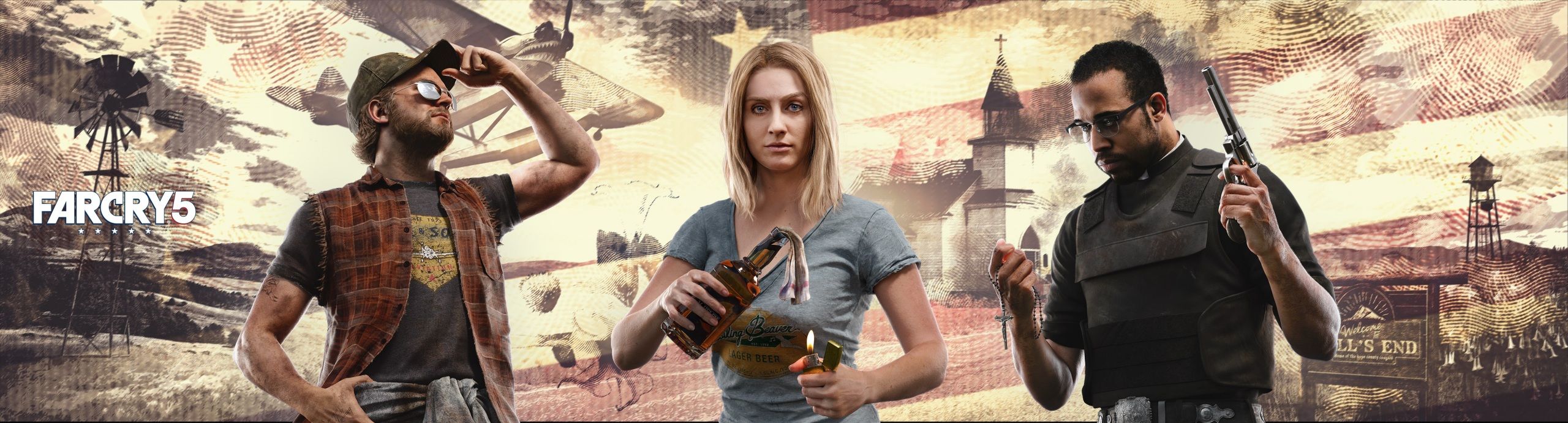Picture Far Cry 5 Pistols Blonde girl Man female Games 2560x691