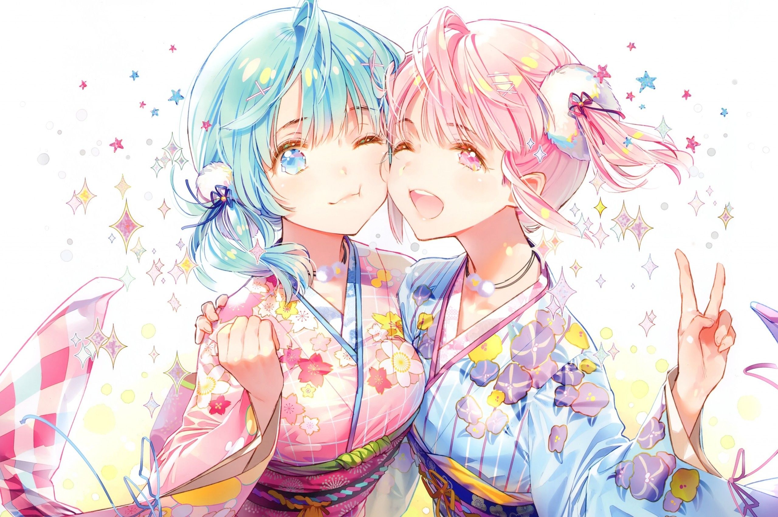 Download 2560x1700 Anime Girls, Friends, Kimono, Cute, Smiling