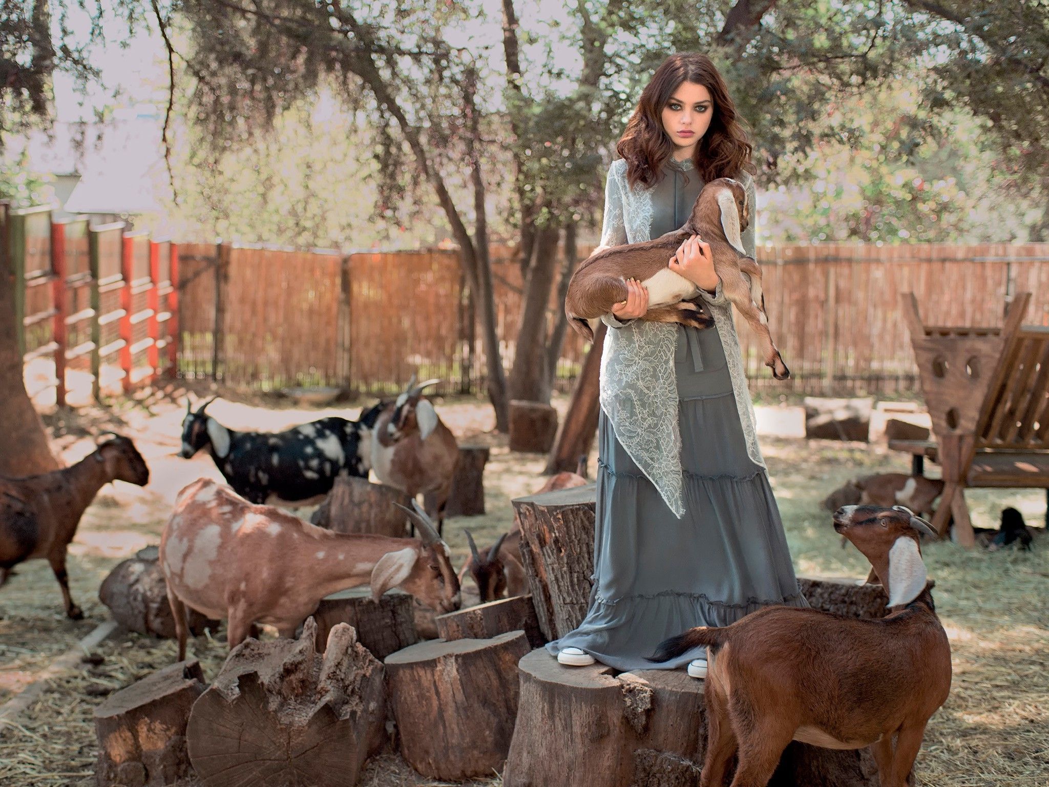 women, Model, Brunette, Animals, Goats, Dress Wallpaper HD