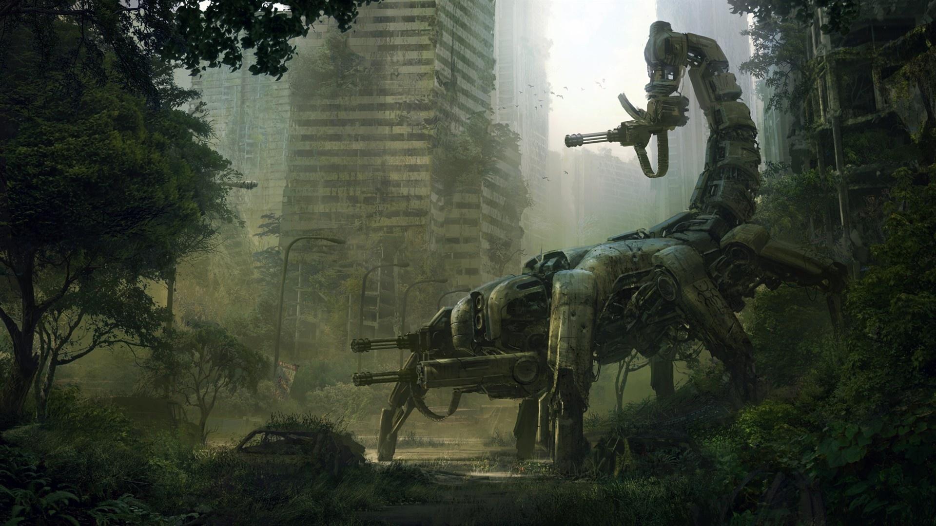 Download 1920x1080 HD Wallpaper machine gun robot scorpion ruin