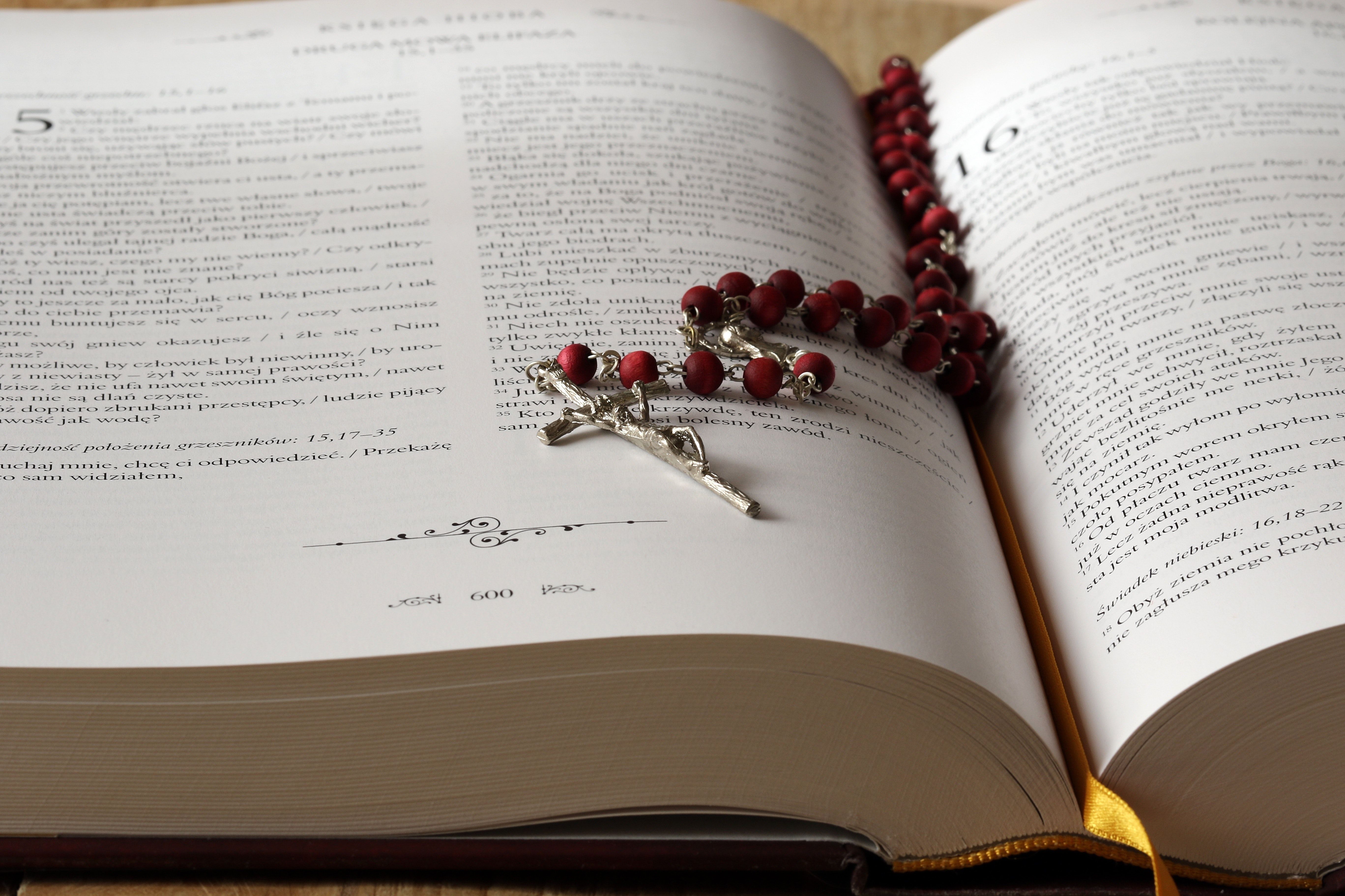 Rosary on Top of Opened Bible Book · Free